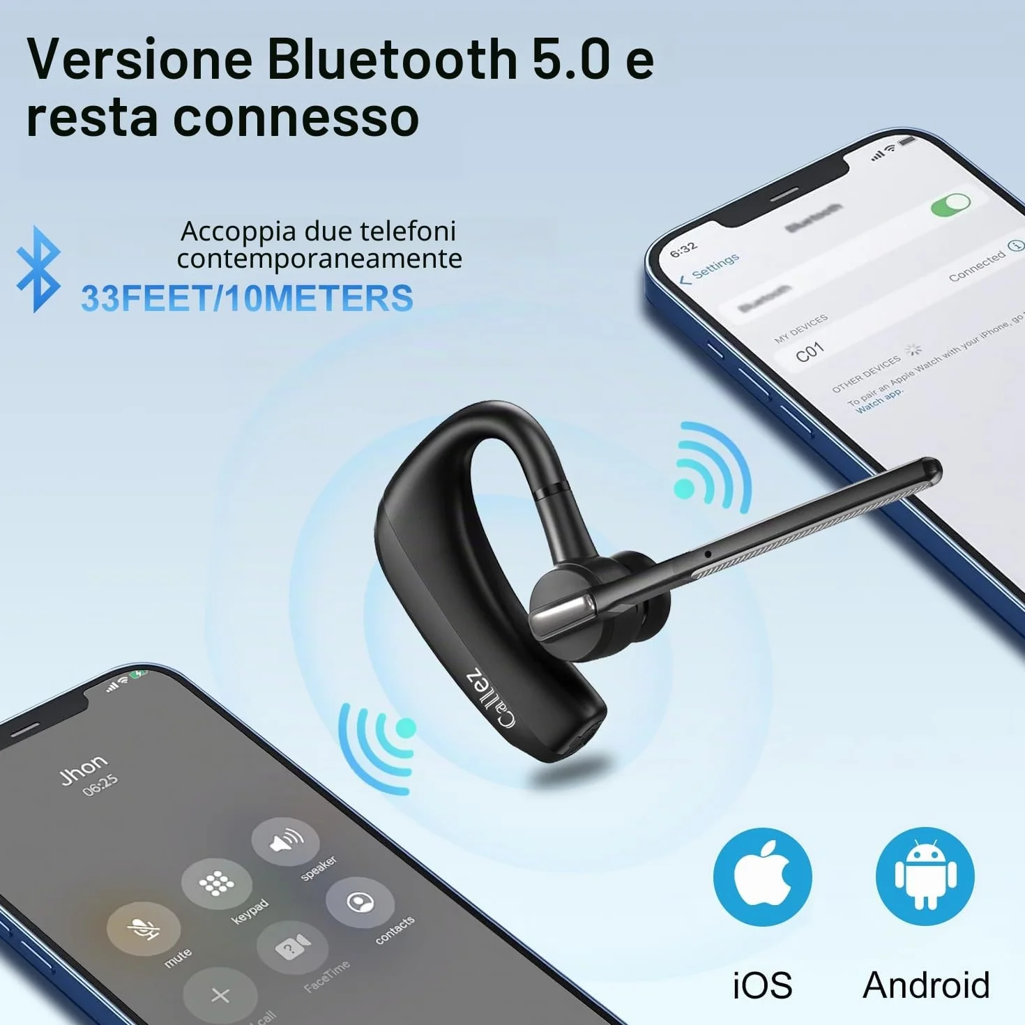 Callez Auricolare Bluetooth per iPhone Samsung Cellulare, Auricolari Bluetooth Singolo V5.0 con CVC8.0 Doppio Microfono ENC Cancellazione del Rumore Cuffie Wireless per Guida Ufficio Lavoro