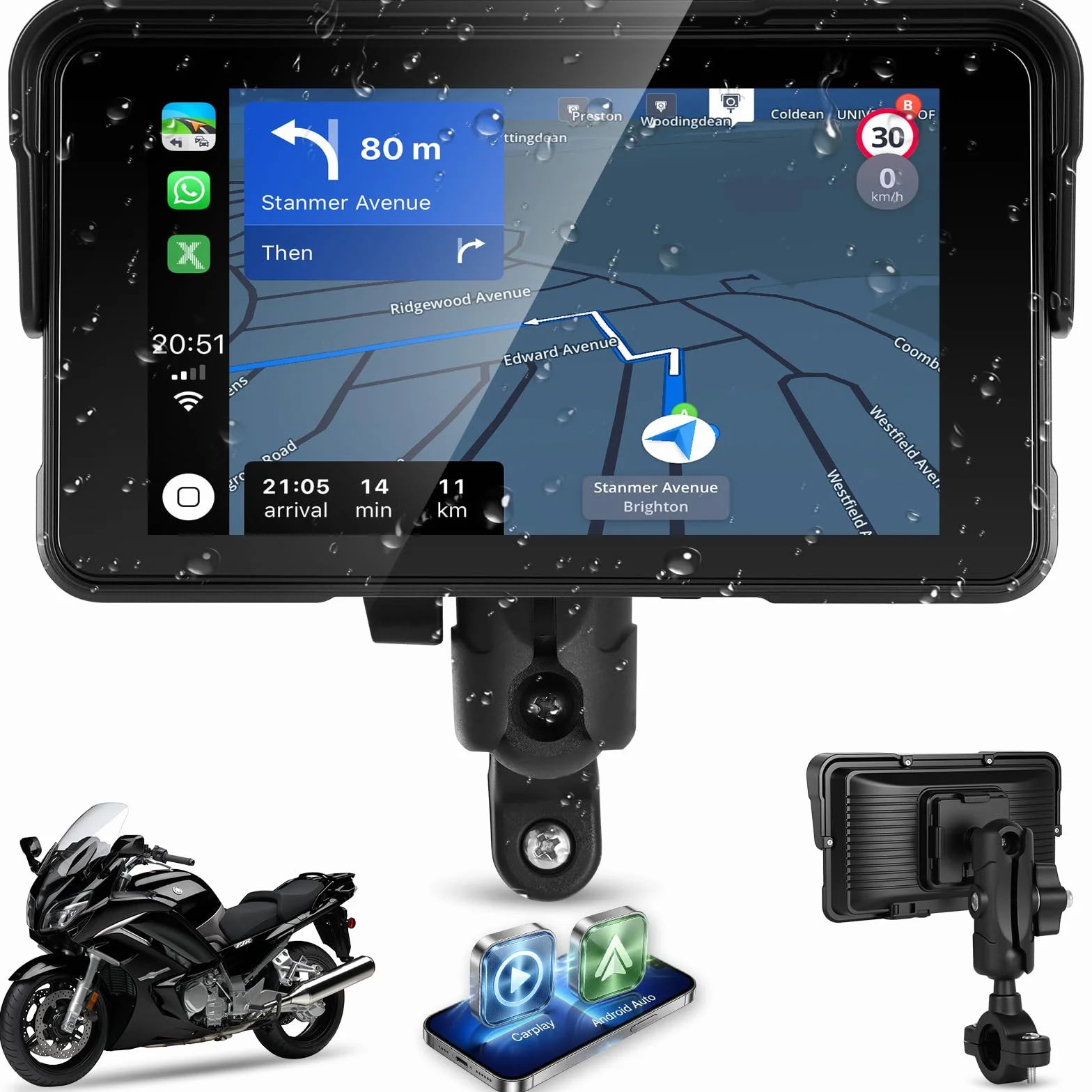 Schermo CarPlay Moto 5" HD Wireless Apple CarPlay Android Auto IP68 Impermeabile Bluetooth TPMS