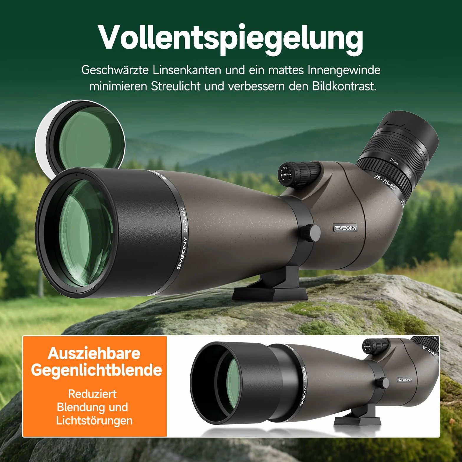Svbony SV29 25-75x80mm Cannocchiale con attacco a coda di rondine e Treppiede, ampio campo visivo, prisma di Porro FMC, con adattatore per smartphone per tiro al bersaglio, birdwatching e osservazione