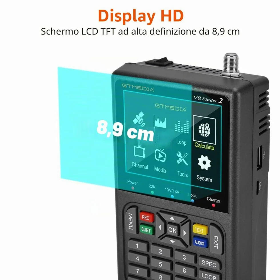 GT Media V8 FINDER2 - Localizzatore satellitare digitale e misuratore di segnale DVB-S/S2 H.264 HD 1080P con display LCD da 3,5" da 7,4 V/4000 mAh, ideale per la configurazione dell'antenna parabolica