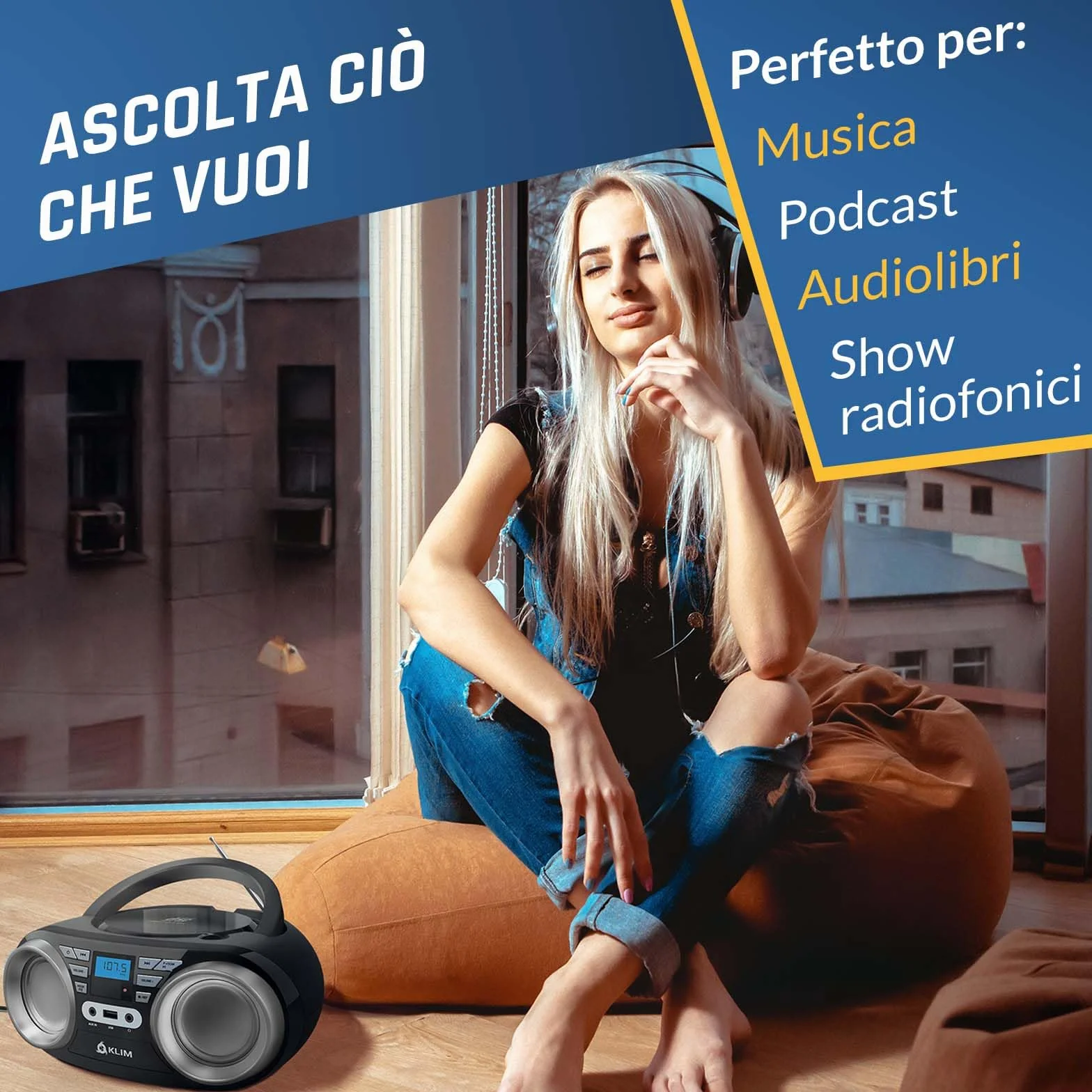 KLIM B3 Lettore CD Portatile Boombox Con Radio FM, Bluetooth, USB e AUX - Doppi Altoparlanti di Alta Qualità, Effetti Sonori EQ, 20 Stazioni Preimpostate, Compatto e Leggero