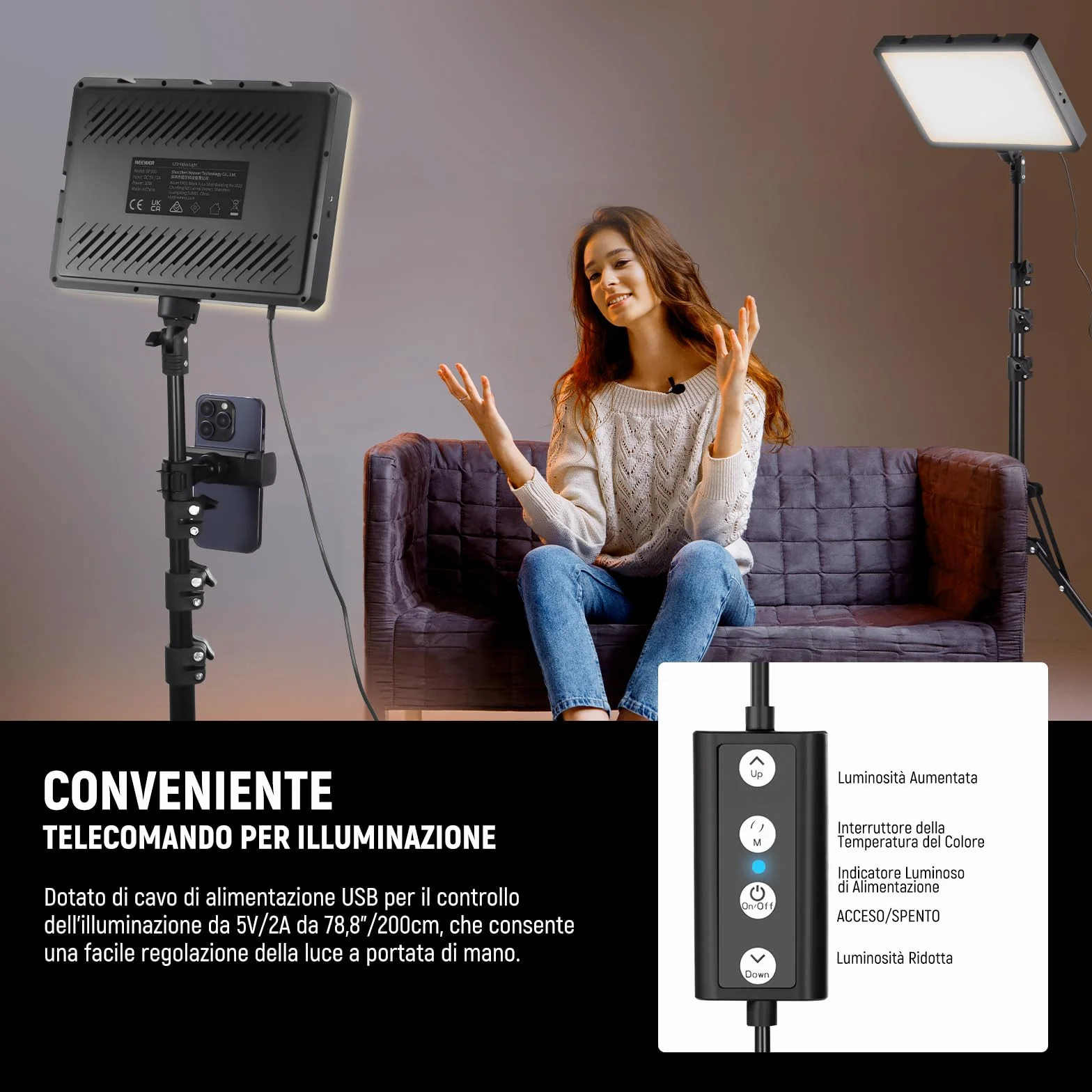 NEEWER Basics 2pz Luci Fotografiche a Pannello LED con Stativi 59''/Porta Telefono, Luce da Studio in Plastica Dimmerabile 2700-6500K 850Lux per Foto Video Film Streaming Live, Senza Adattatore,BP300