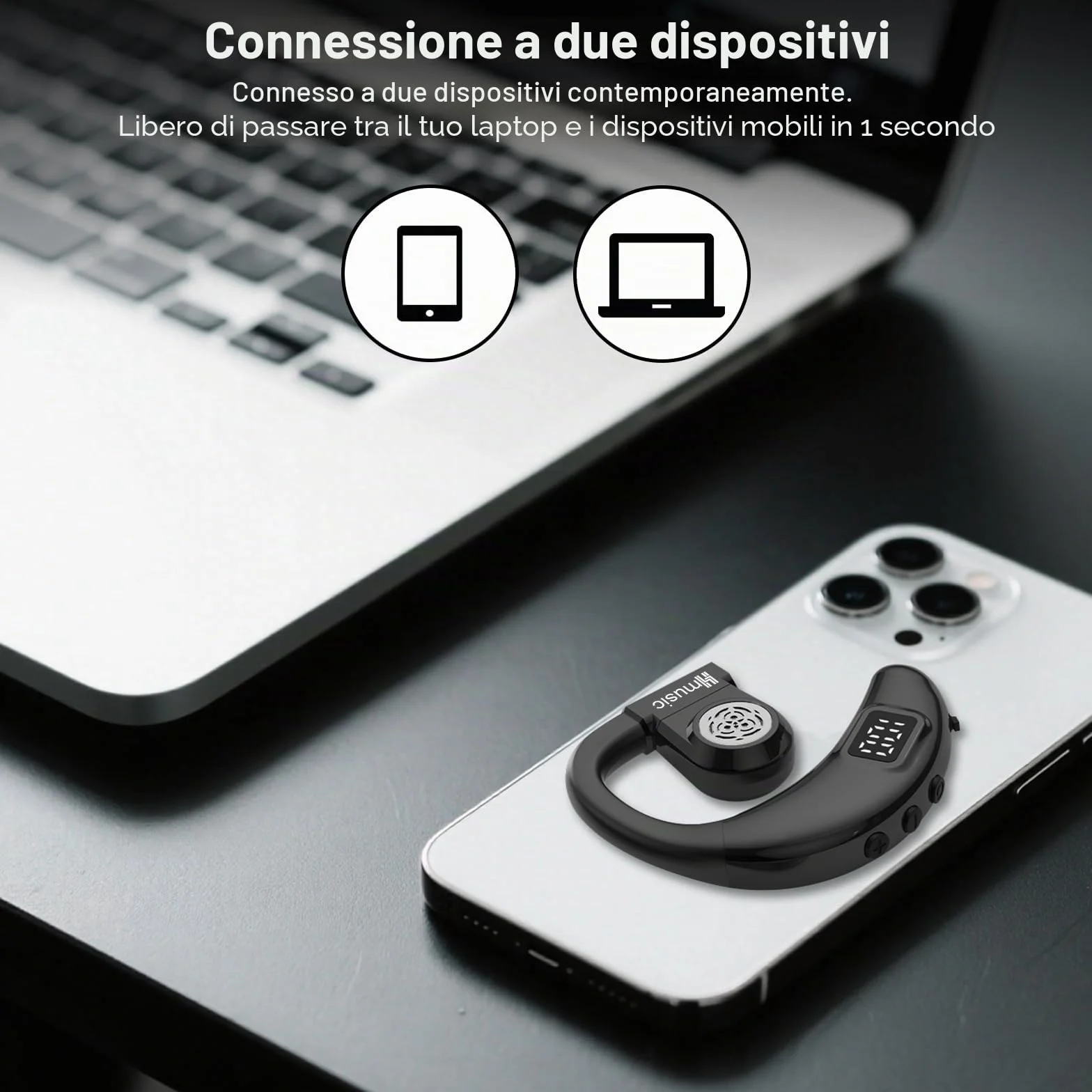 Hmusic Auricolare Bluetooth Singolo V5.4, Rotazione 180°, per Orecchio sinistro e destro, IPX5 Impermeabile, 20 Ore di Autonomia con microfono ENC, per guida, lavoro e sport (nero)