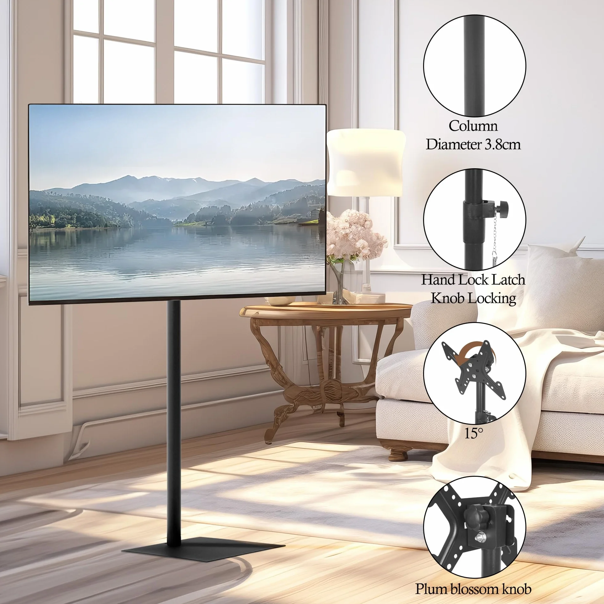 Supporto universale girevole per TV da pavimento con supporto a 360 gradi per TV da 14-43 pollici, inclinabile, autoportante, supporto VESA con 4 livelli di altezza regolabile per camera da