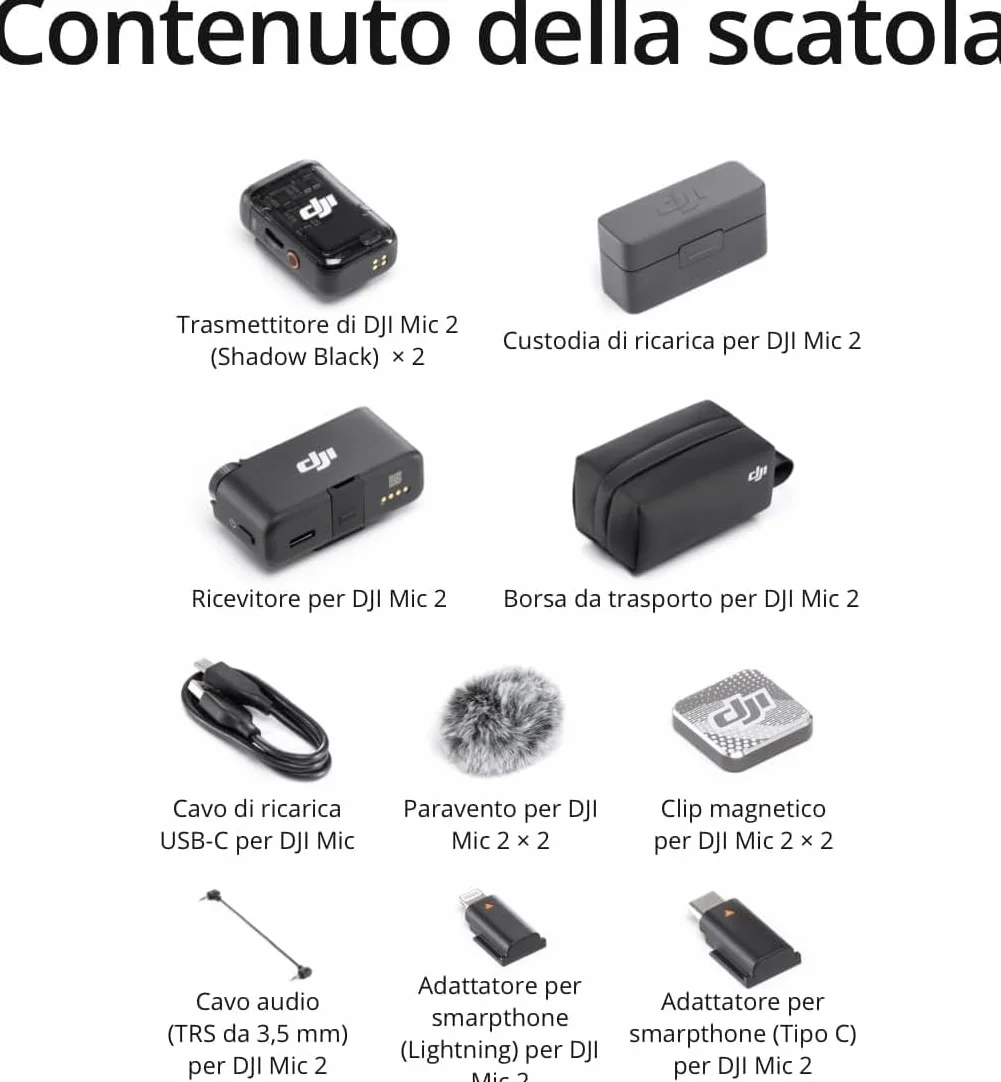 DJI Mic 2 (2 TX + 1 RX + Custodia di ricarica), microfono wireless integrato, eliminazione intelligente del rumore, registrazione interna in float a 32 bit, 250 m di distanza, per iPhone e Android