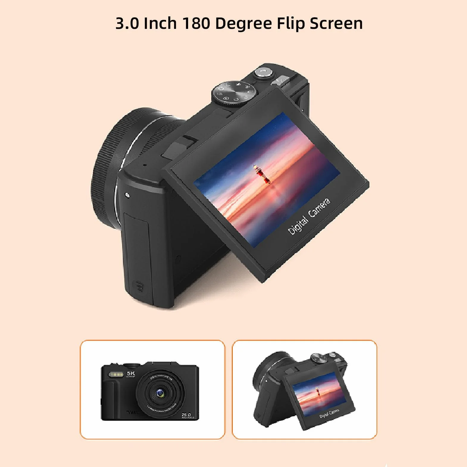 Annadue Fotocamera Digitale 5K da 75 MP, Fotocamera per WiFi con Schermo Ribaltabile a 180°, Compatta con Zoom 18X con Messa a Fuoco Automatica, Inquadra e Sca (64GB)