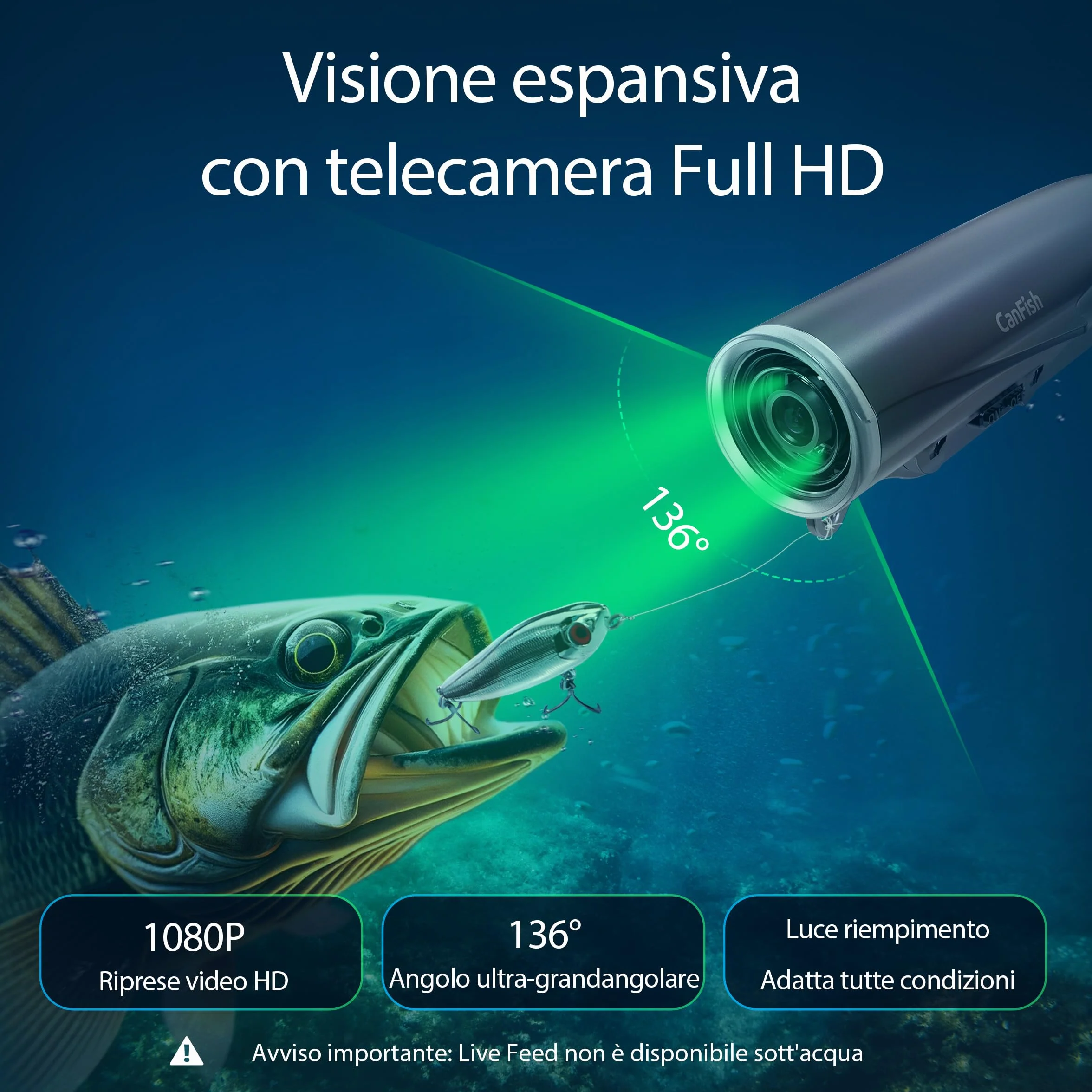 CanFish Fishing CamX Fotografica Subacquea Pesca, Portatile Fish Finder con HD 1080P & 136° Ultra-Grandangolare, 200M/656FT ROV Impermeabile Fotocamera Subacquea per Pesca Mare Barca Mancanza