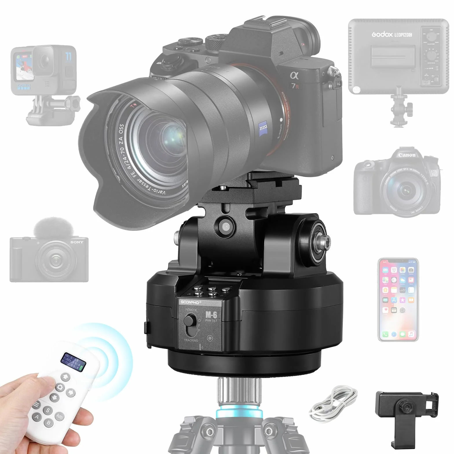 Soonpho M6 Testa motorizzata Supporto Elettrico a 360°,con morsetto per Telefono e Telecomando wireless AI Face Tracking, riconoscimento dei gesti AB a due punti per DSLR, treppiede, telefono