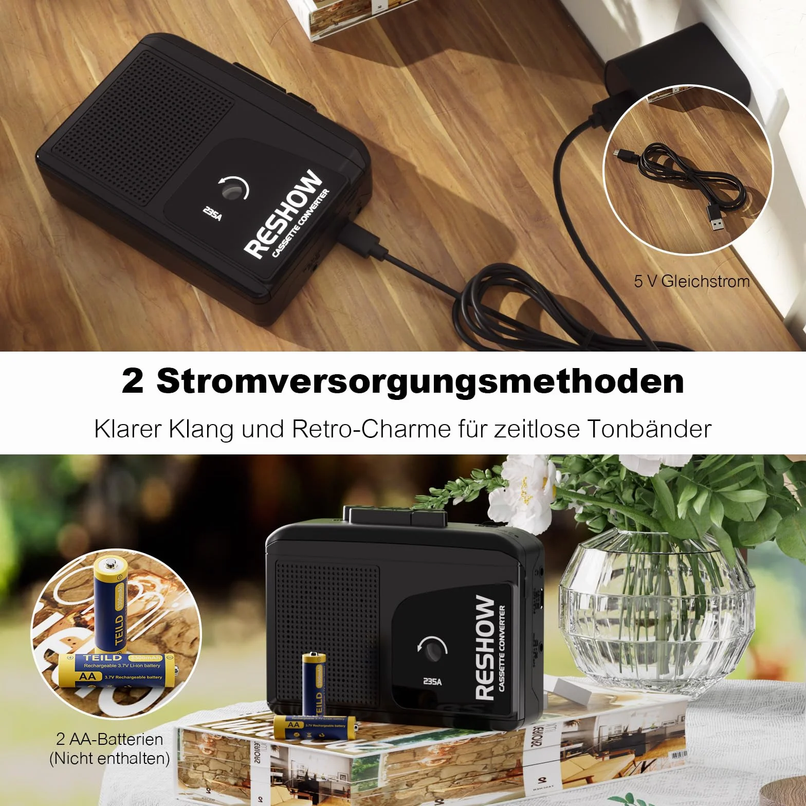 Reshow Registratore a cassette portatile con microfono integrato e altoparlante convertitore USB MP3 nero