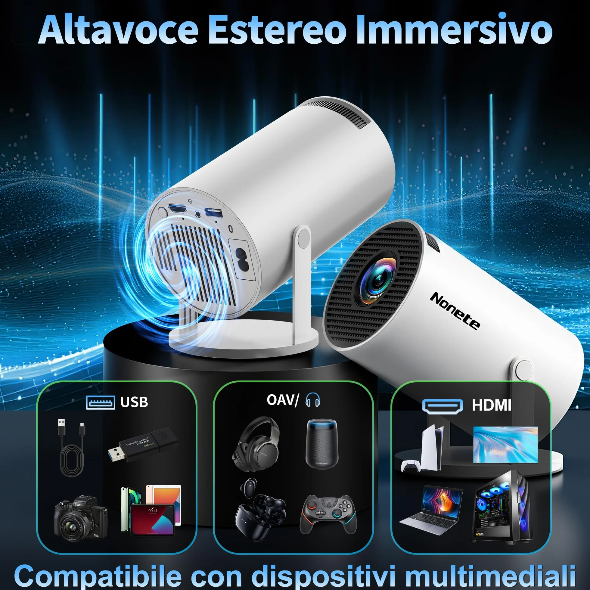 Proiettore 1080P FHD WiFi 6 BT 5.2 Portatile 4K Auto Keystone 270° Rotativo Bianco