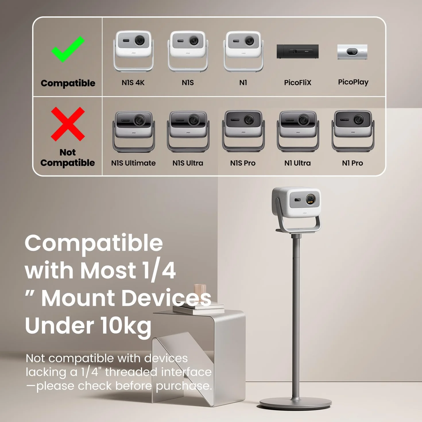 JMGO Supporto da pavimento per proiettore N1S 4K / PicoPlay / N1S 1080P / PicoFlix / N1, alluminio aeronautico, design avanzato, facile installazione, base stabile 5kg, capacità di carico 10kg
