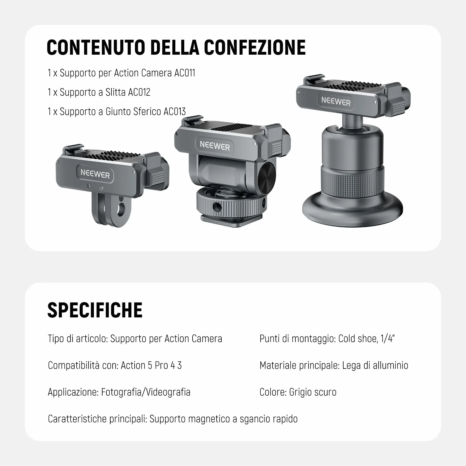 NEEWER Kit di Accessori Action Camera Compatibile con DJI Osmo Action 5 Pro/4/3, Attacco Cold Shoe, Supporto Magnetico a Sgancio Rapido e Adattatore a Testa Sfera, AC011+AC012+AC013, Grigio Scuro
