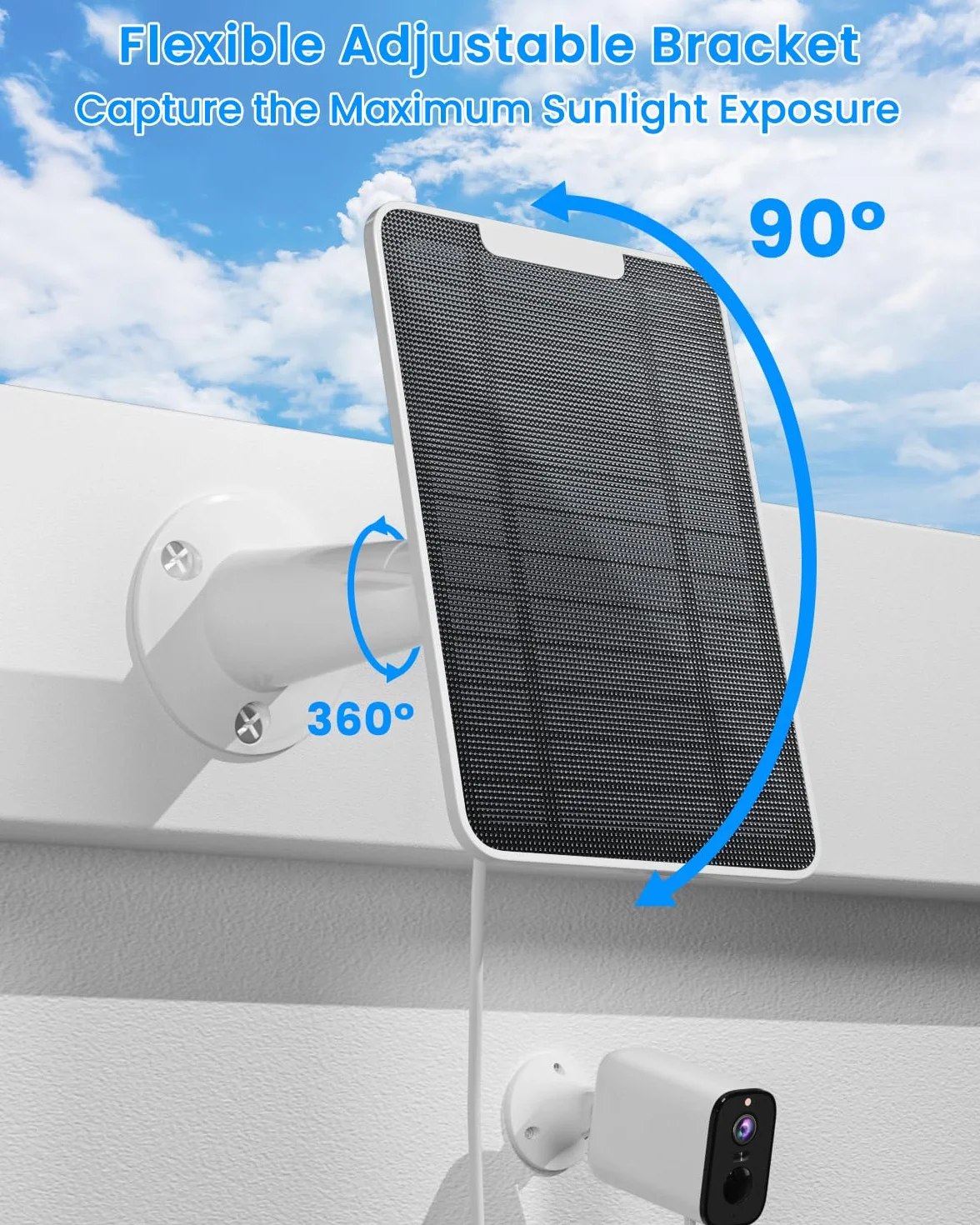 Caricatore per pannello solare compatibile con fotocamera Arlo Essential Spotlight/XL, caricatore per pannello solare Arlo Essential da 5 W, impermeabile IP65, cavo micro USB da 3 m e montaggio a