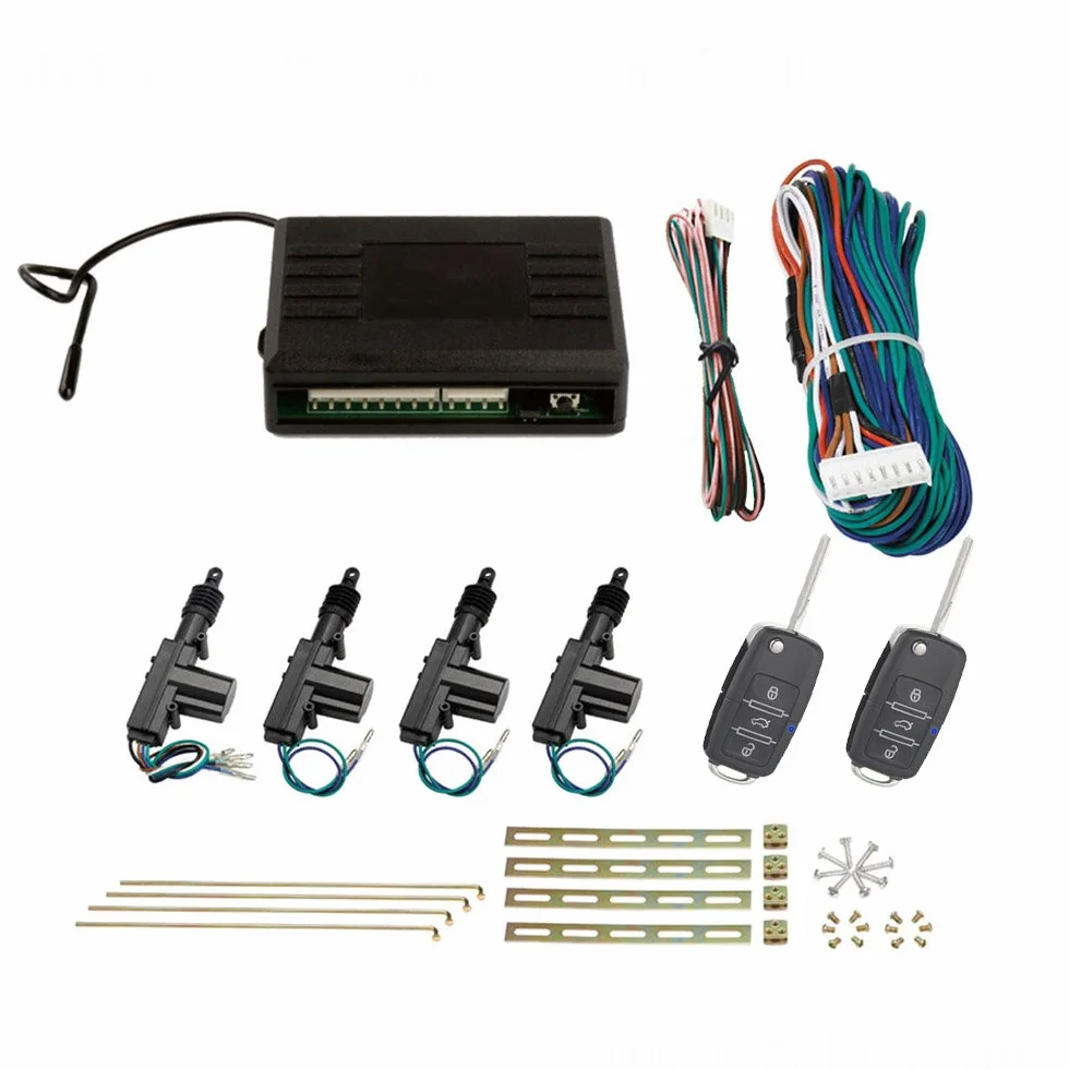 Set completo per chiusura centralizzata per veicolo a 4 porte incl. 2 chiavi a scatto con telecomando per servomotori.