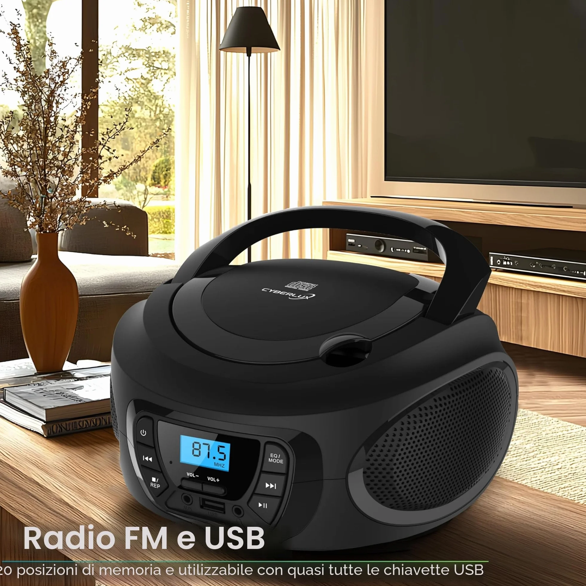 Boombox lettore portable CD/CD-R - USB - FM radio - ingresso AUX-IN - uscita cuffie - radio bambini - stereo - sistema compatto