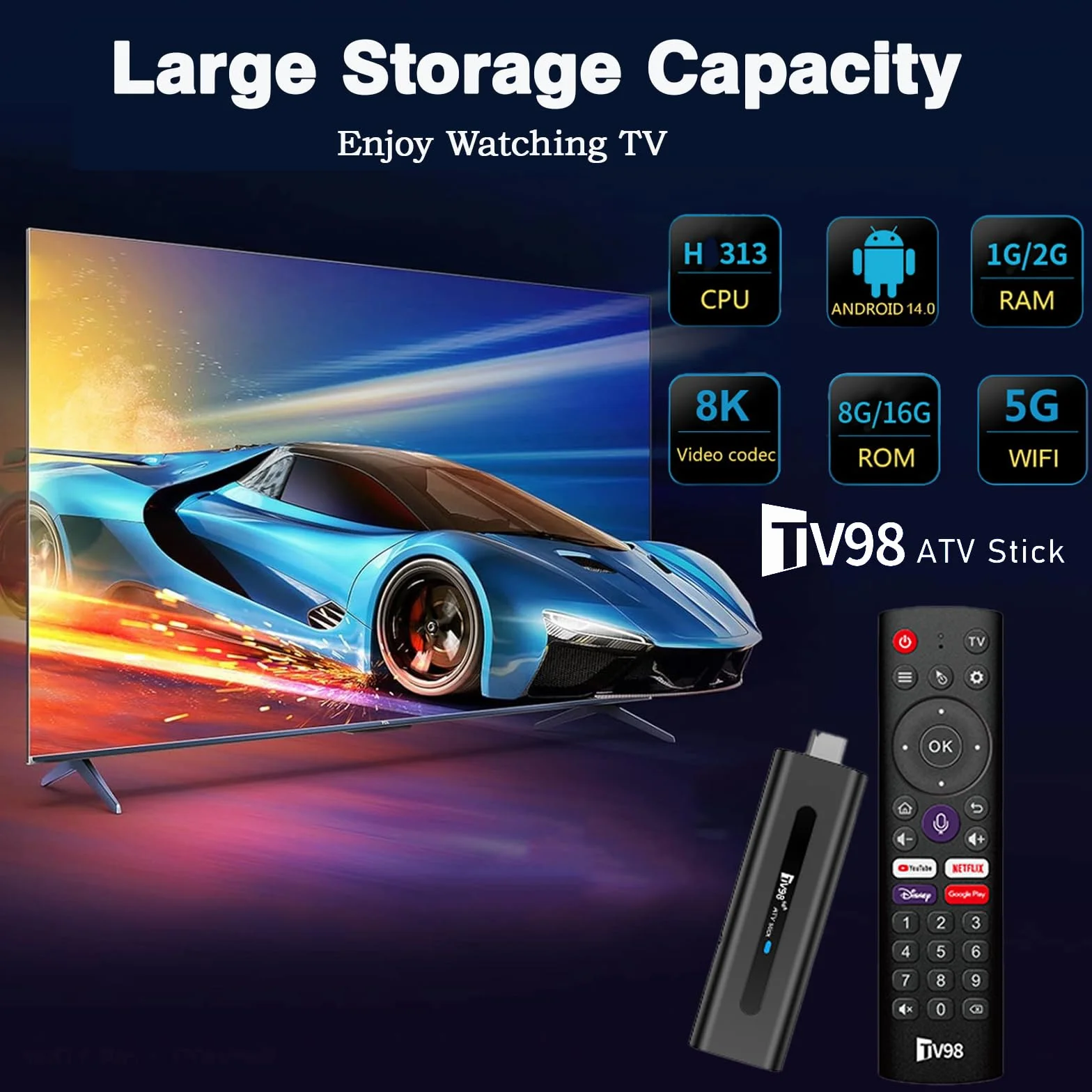 Android 14.0 TV Box, 8K Streaming Key 2GB RAM 16GB ROM, Dual WiFi 2.4G/5.8G, HDMI, 4K HDR, telecomando vocale, lettore di film 3D, adatto per Android TV Box o chiavi