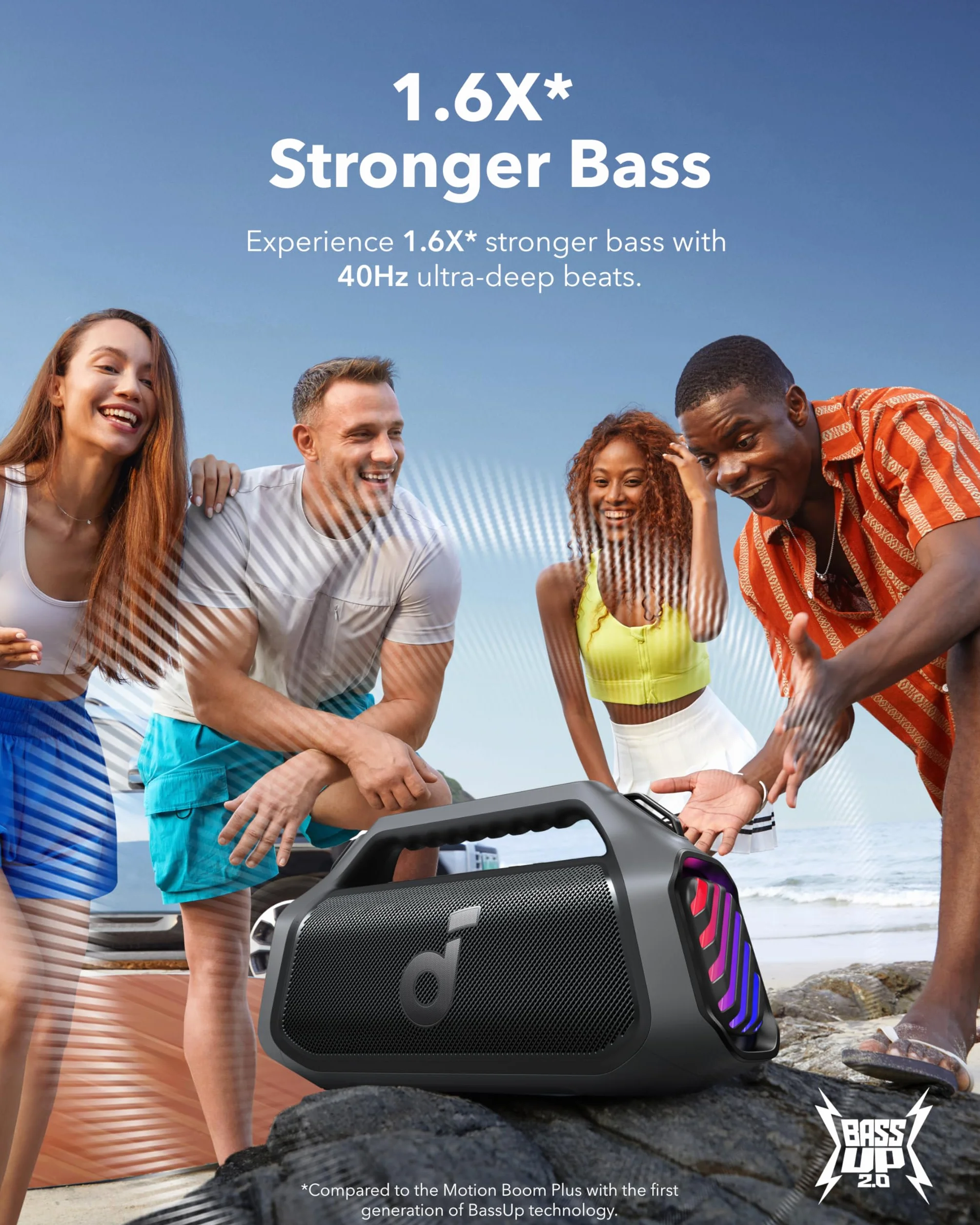 Soundcore Boom 2 Plus Cassa Bluetooth Potente per esterni, 140W, 2+2 canali stereo, BassUp 2.0, Bluetooth 5.3, 30W ricarica rapida, 20 ore di riproduzione, IPX7, luci RGB, USB-C, EQ personalizzata