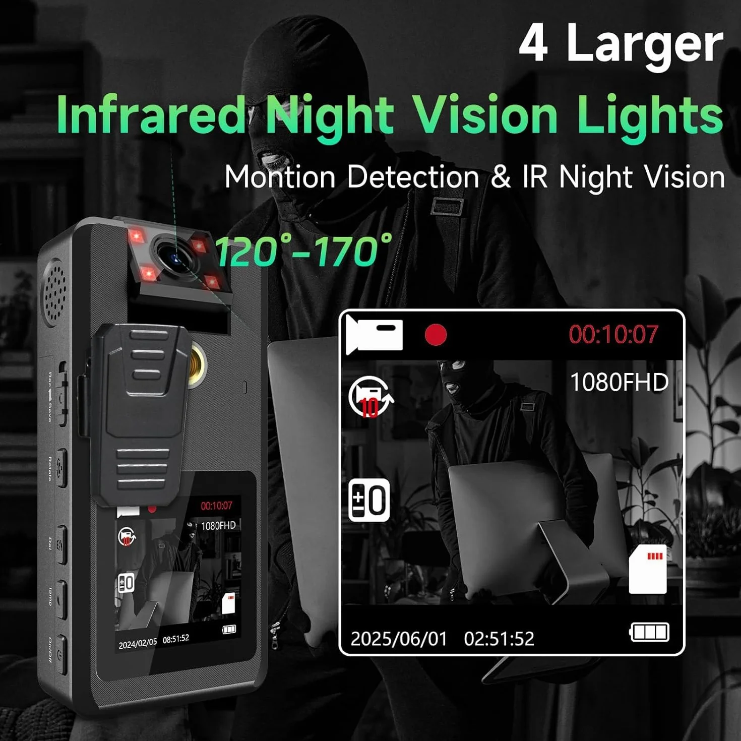 Body Cam 1296P 32G 20H Polizia Telecamera Videocamere Montate Sul Corpo Indossabile, Obiettivo Girevole a 180°, 2x2310mAh Batteria, Wevoor Bodycamera Portatile con Clip e Visione Notturna per Esterni