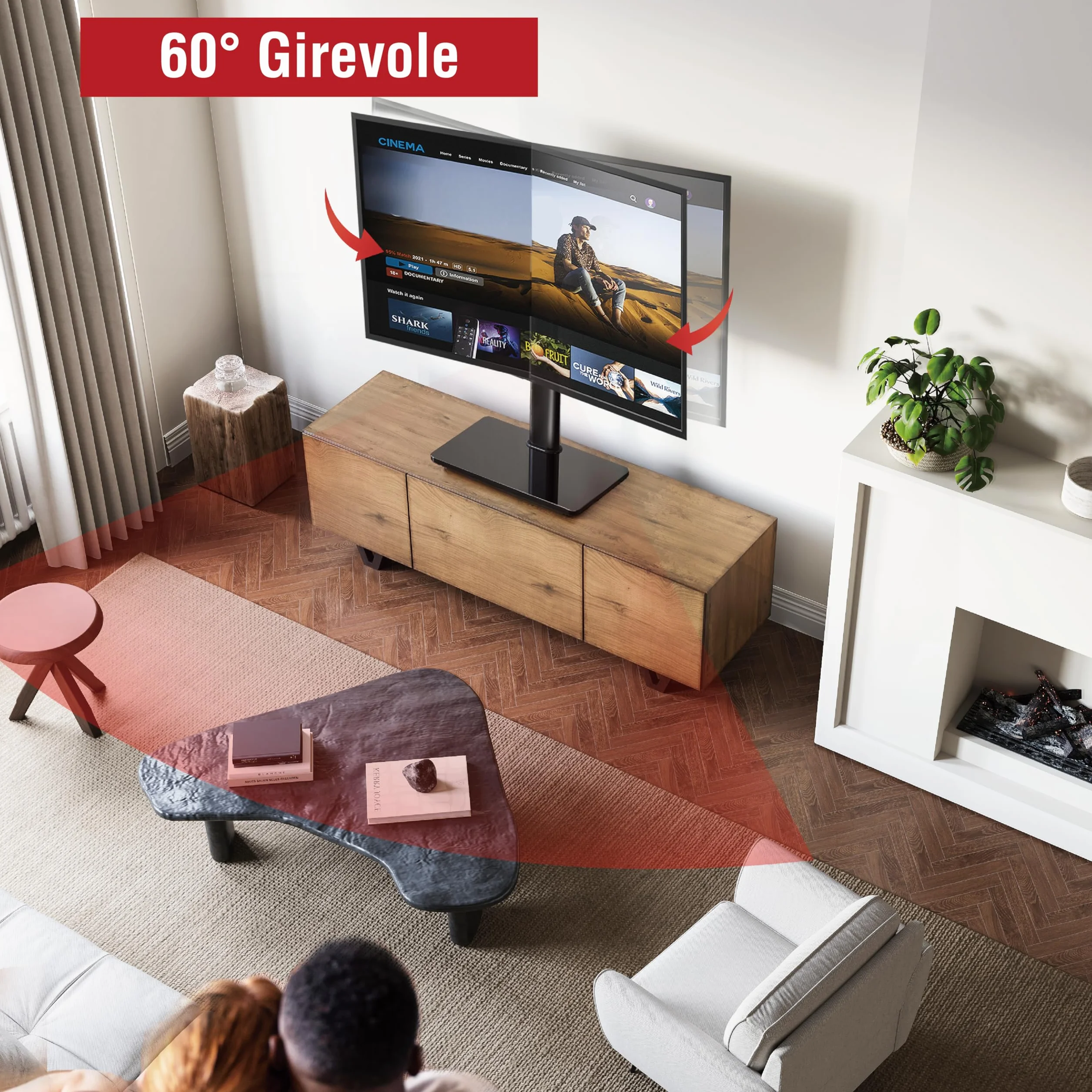 AOKCOS Supporto TV da Tavolo Inclinabile per 32-55 65 70 75 Pollici, Girevole Altezza Regolabile Piedistallo TV con Base, Mobile Porta TV Max VESA 600x400mm 45KG