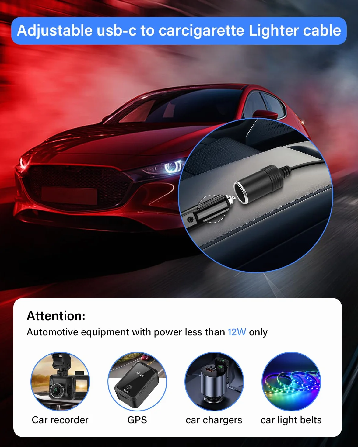 Adattatore USB C a accendisigari auto, 100 W, con adattatore USB A, interruttore DIP regolabile da 5 V/9 V/12 V/15 V/20 V, per dash cam, GPS, ecc