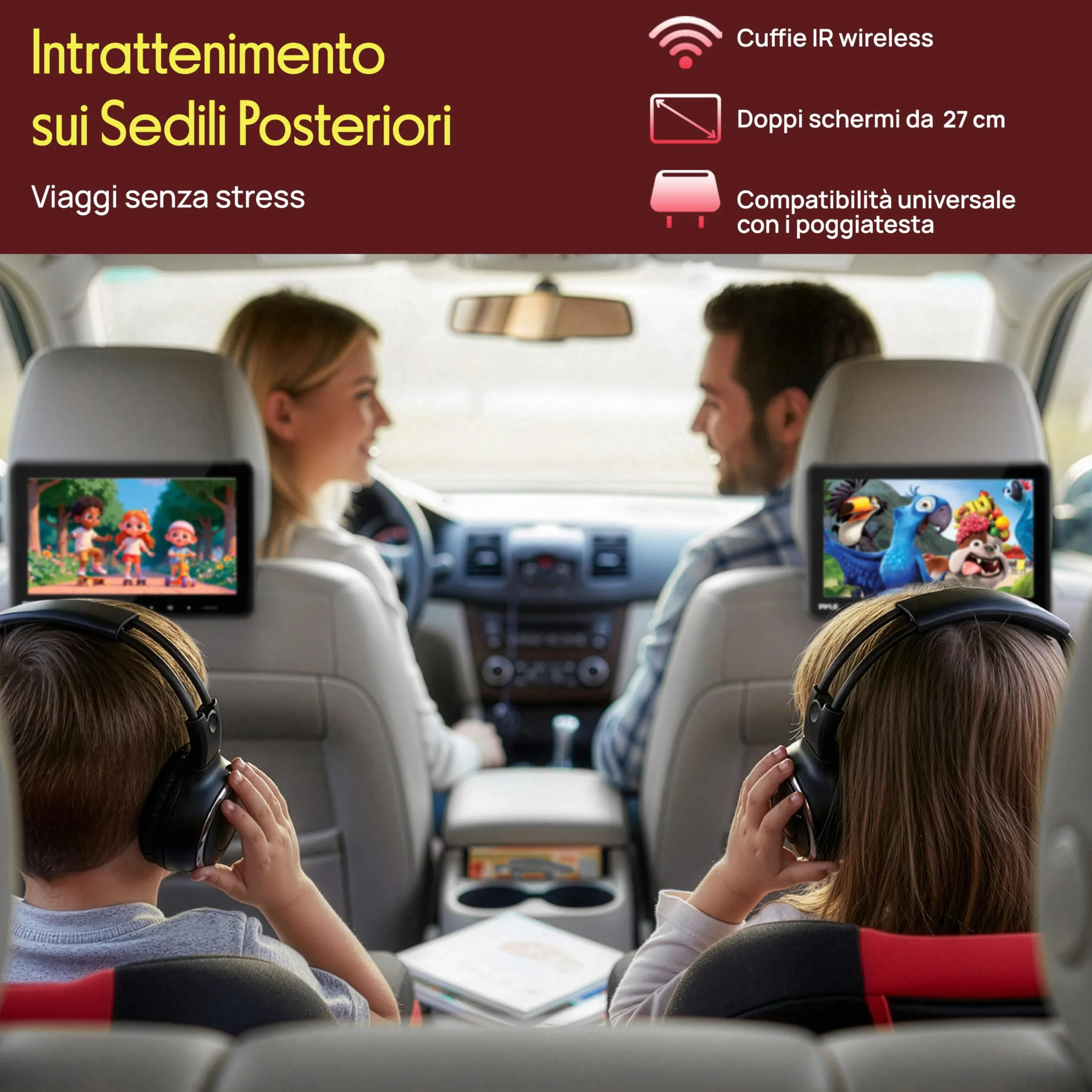 Pyle Schermo per Auto, per Poggiatesta Auto 26,7 cm con Lettore DVD Integrati, Trasmettitore IR/FM, HDMI, USB/SD, 2 Cuffie Wireless, Sistema Intrattenimento Sedile Posteriore Auto