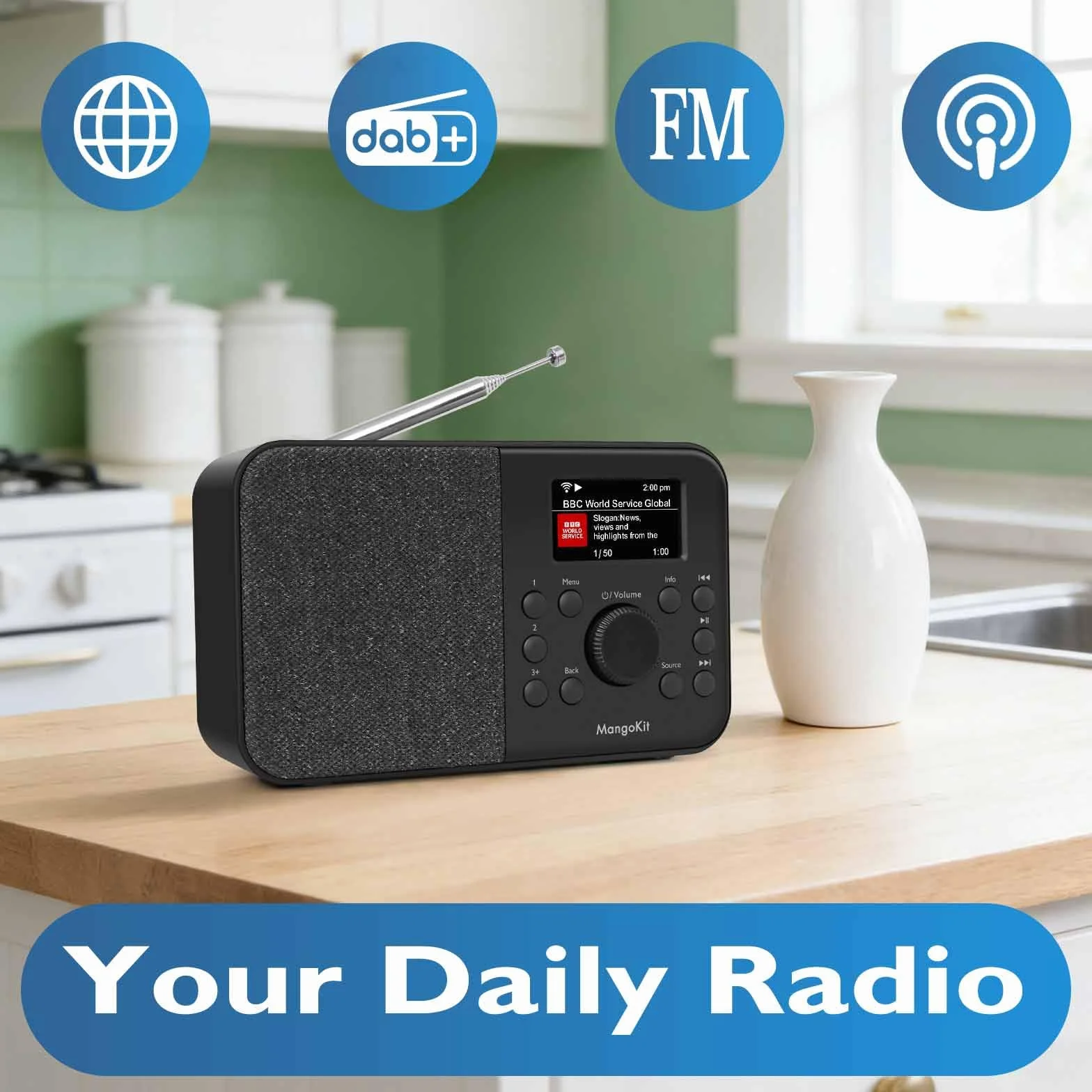Radio DAB+ portatile con Bluetooth 5.3, WiFi, FM, 150 preset, sveglia, display a colori