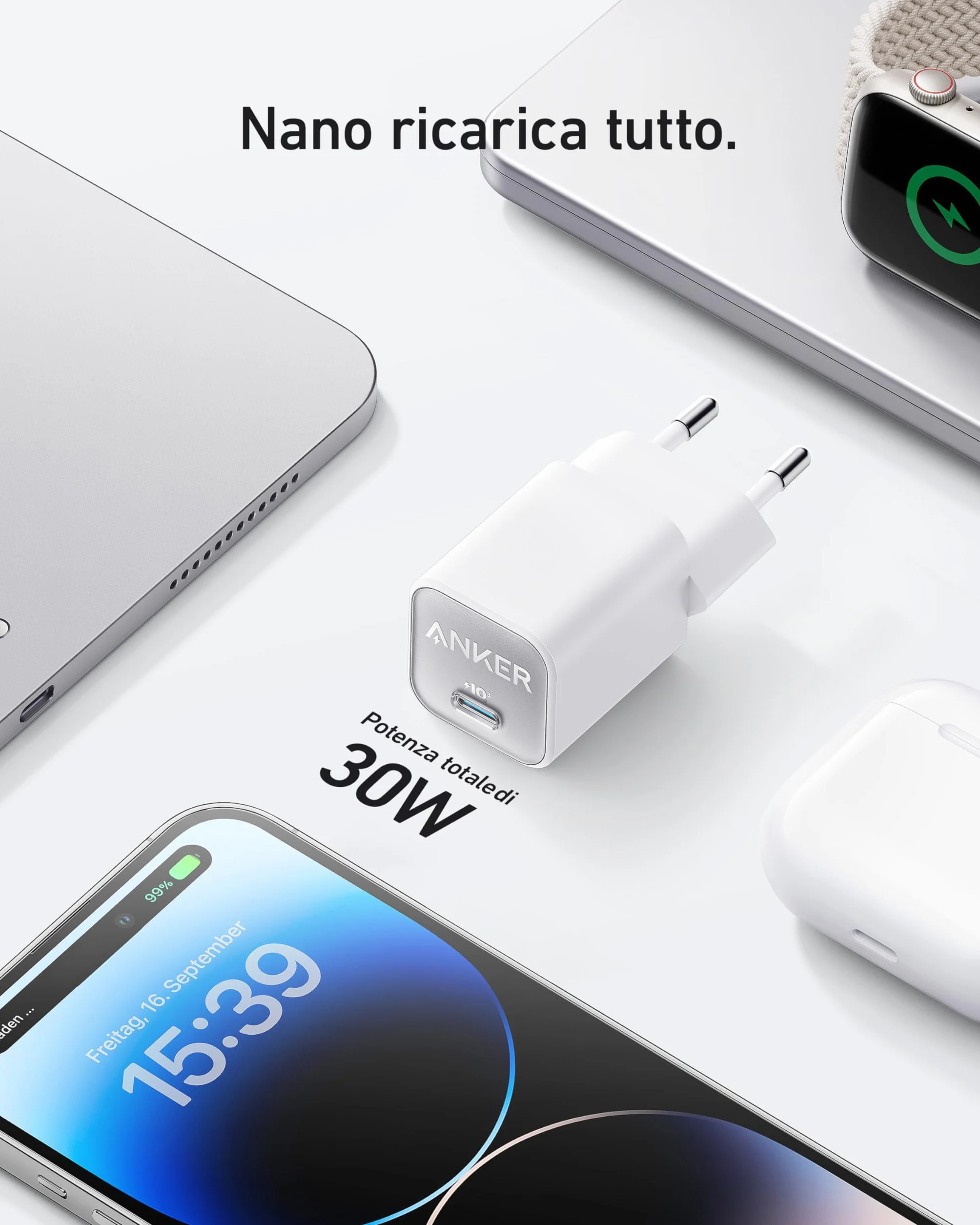 Anker Caricatore iPhone USB C GaN 30W, 511 (Nano 3), Caricabatterie USB C rapido PIQ 3.0 PPS, Compatibile con iPhone 17 Pro Max Air/Serie 16-12,Samsung S25 Ultra,Pixel 4, iPad (Senza Cavo di Ricarica)