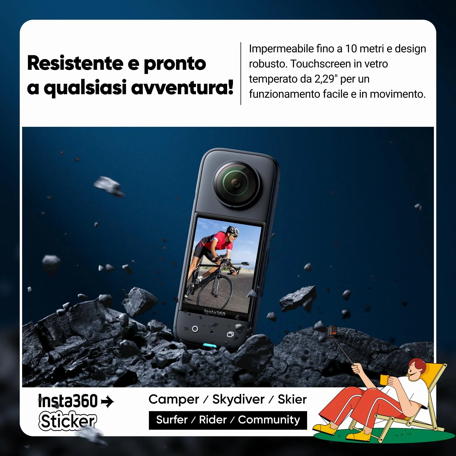 Insta360 X3 Action Cam 360° Impermeabile 5.7K 72 MP Touchscreen 2,29" Stabilizzazione IA