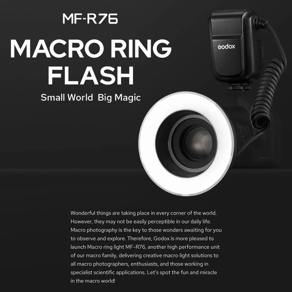 Godox MF-R76 Universal Macro Ring Flash Light GN14 10 livelli di luminosità regolabile per Canon Nikon Sony Fuji Olympus Panasonic Pentax DSLR