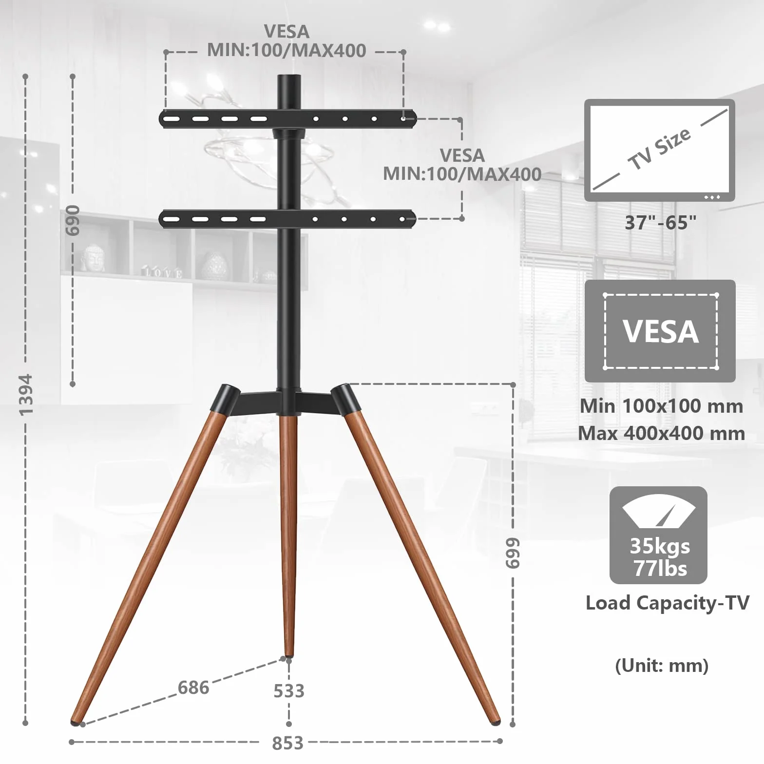 RFIVER Treppiede Supporto TV Cavalletto Tripod da Terra da 32 a 65 Pollici per Televisore da LCD/LED/OLED/QLED/Plasma Girevole 180° e Regolabile in Altezza Max Vesa 400 x 400mm 35kg Marrone