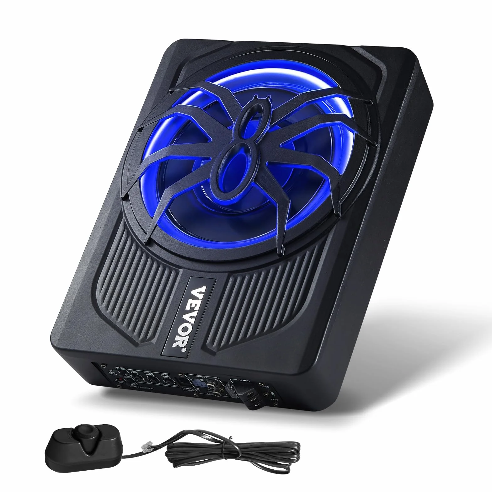 VEVOR Subwoofer per Auto Sotto Sedile, Subwoofer Auto Sottile Sistema Audio a Basso Profilo con Luce Blu, Amplificatore Integrato, Ingresso Livello Alto Basso Regolatore del Volume, 254 mm e 440 W