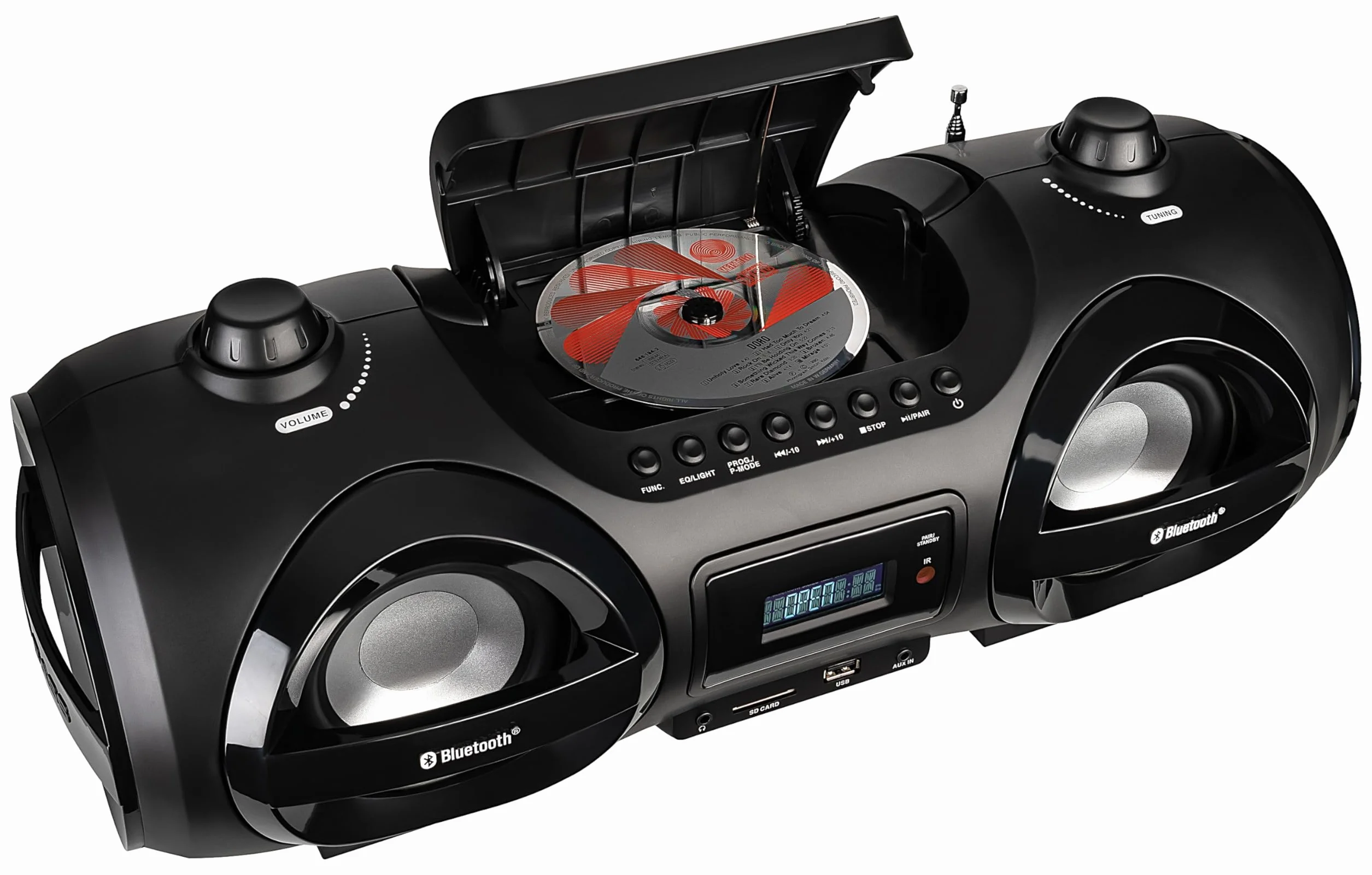 Reflexion CDR900BT, Boombox stereo Hi-Fi portatile, lettore CD, radio FM, Bluetooth, display digitale LCD e funzione equalizzatore, luce da discoteca multicolore, nero