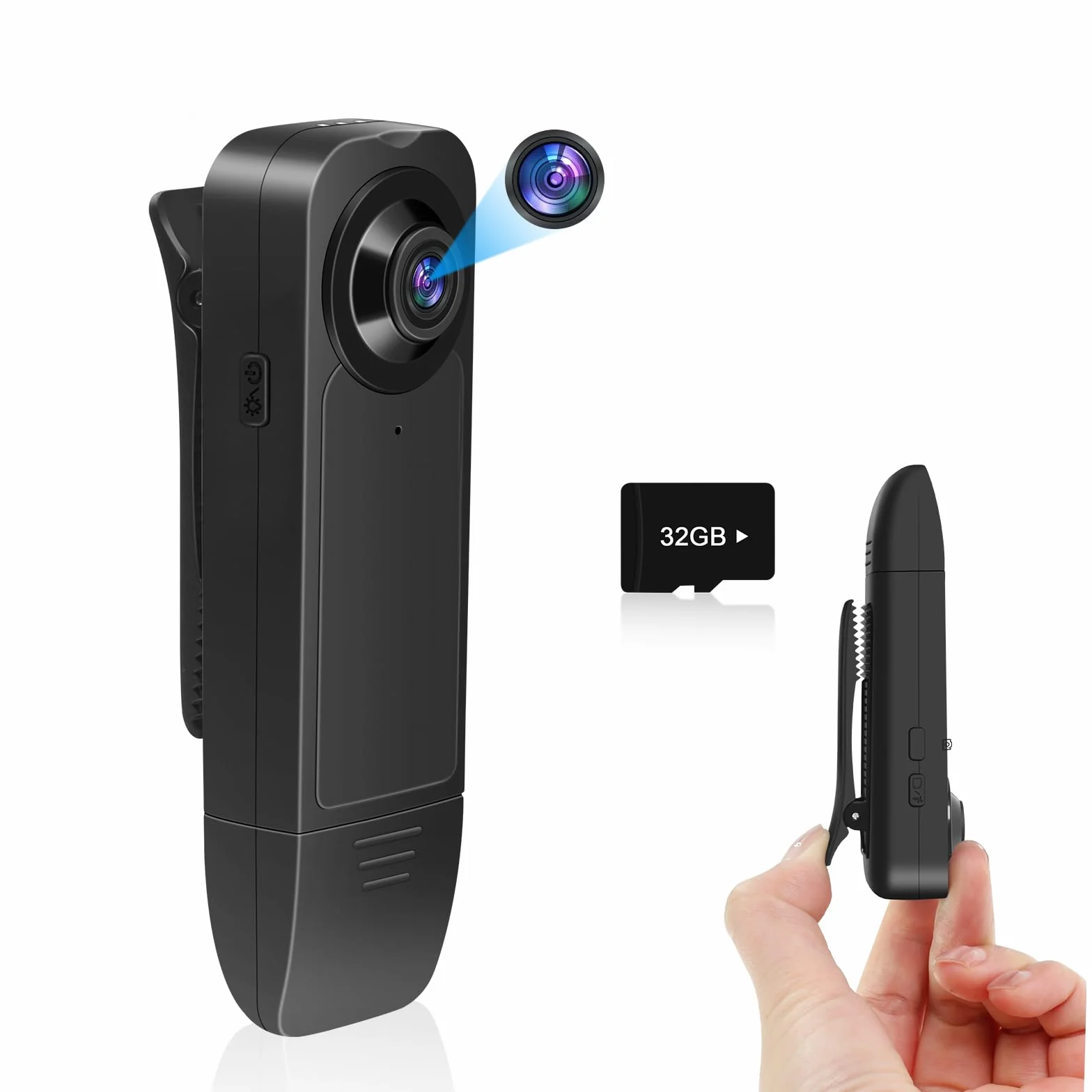 Bodycam HD 1080P , Piccola Telecamera Spia , Bodycam con Audio e Video Mini Fotocamera per il Corpo con Visione Notturna e Rilevamento del Movimento Per Sicurezza, Guardia ( con Memoria da 32 GB)