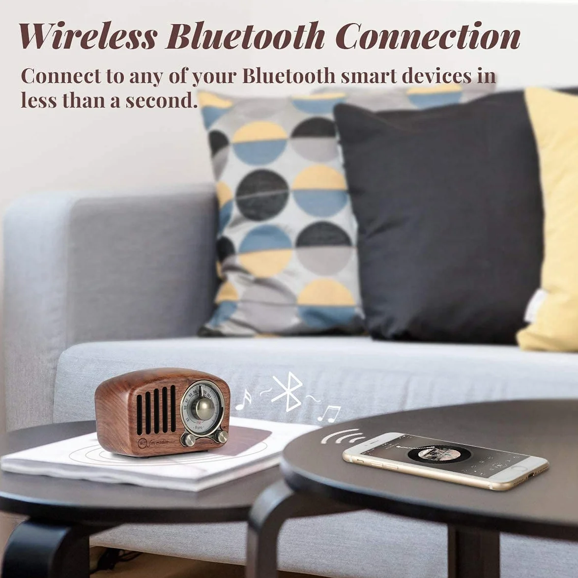 Prunus R-919 Radio Portatile FM Bluetooth Vintage Legno Ricaricabile TF Card AUX