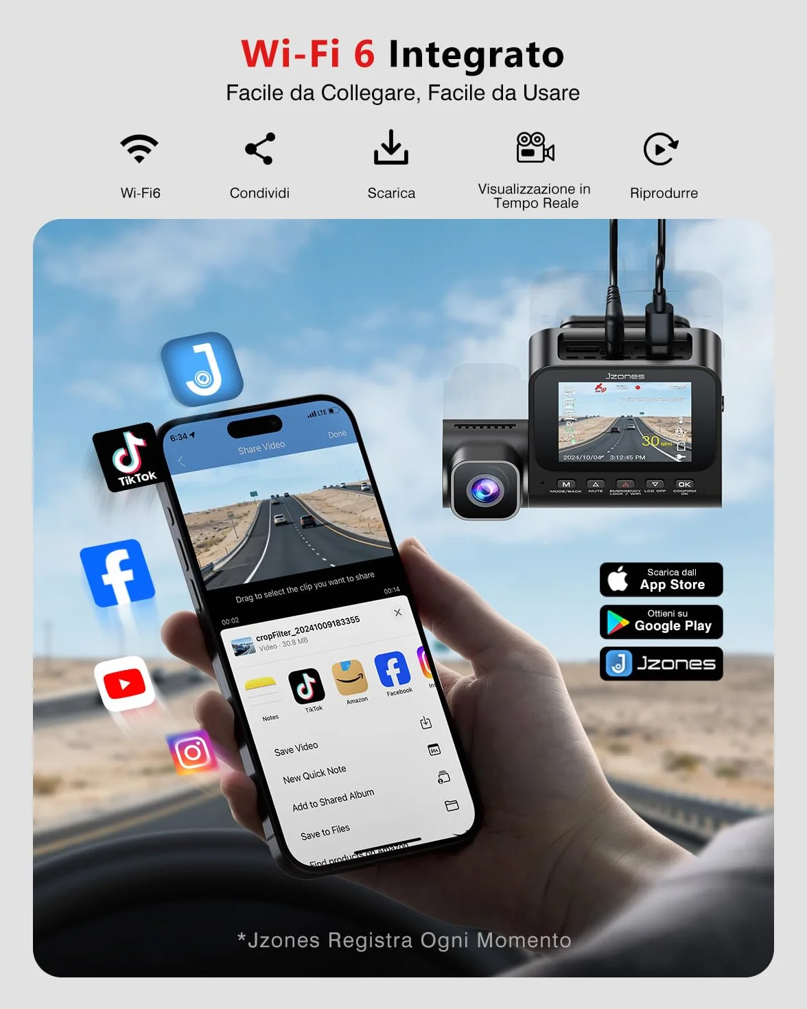 Dashcam Auto 4K 3 Canali, Visione Notturna STARVIS 2, HDR, WiFi 6, GPS, 64GB SD Inclusa