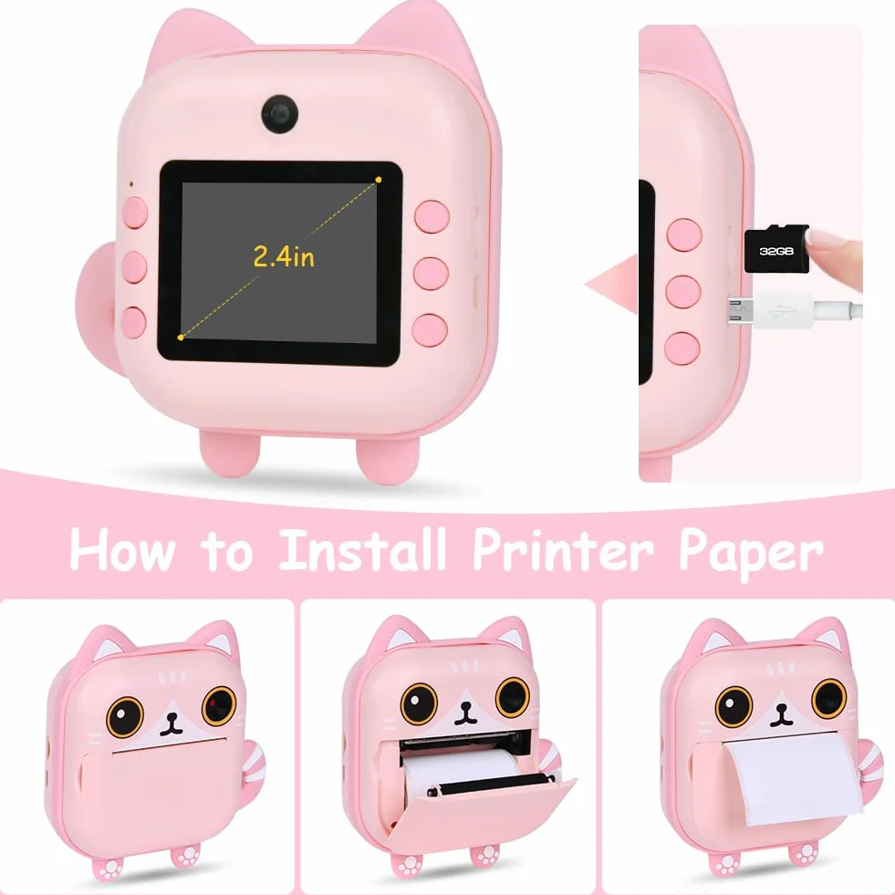 Ainiv Macchina Fotografica Istantanea per Bambini,1080P HD Digitale Fotocamera Instant Print, 2.4 Pollici con Selfies+32GB SD Scheda+3 Rotoli di Carta da Stampa,Regali per Ragazze Ragazzi da 3-12 Anni