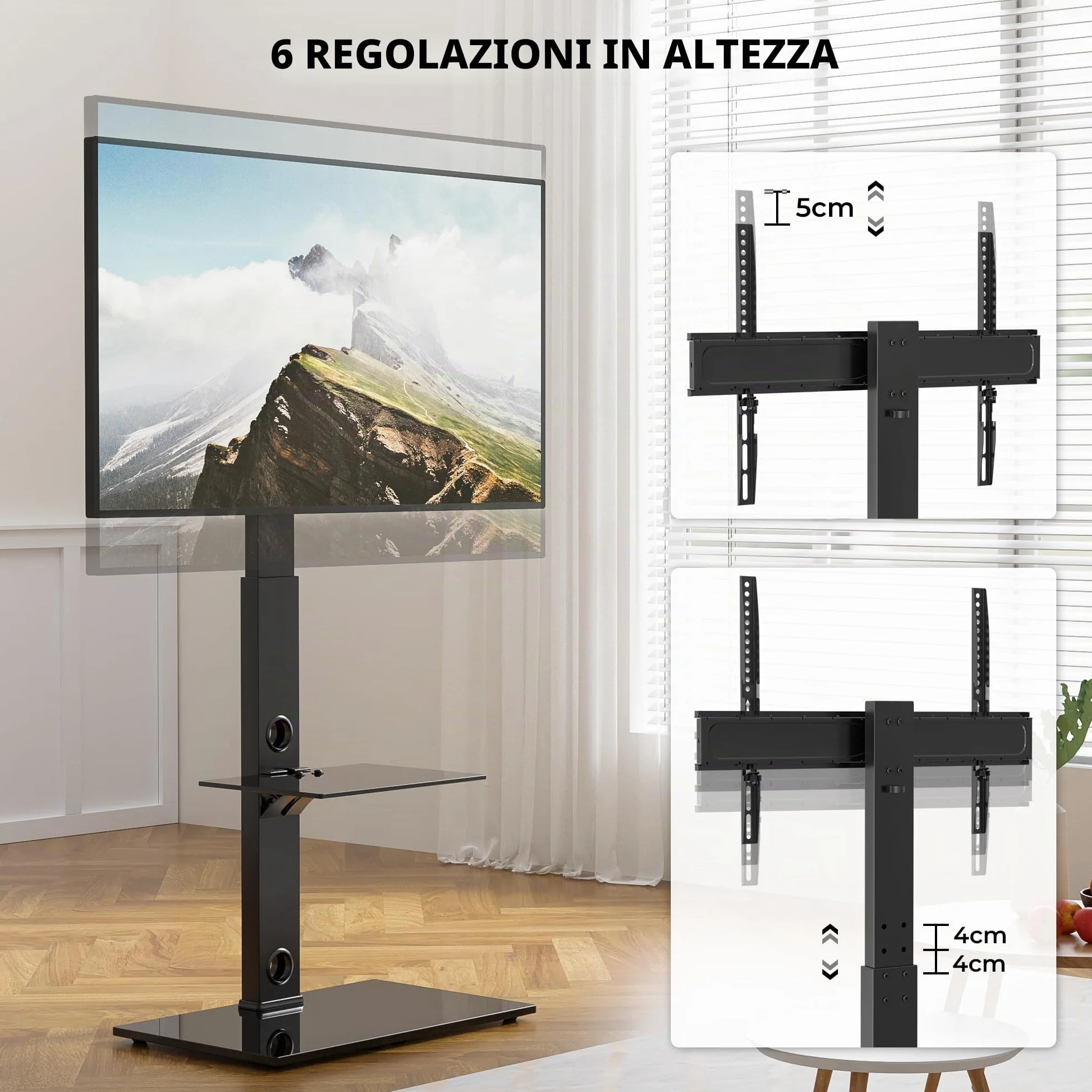 BONTEC Universale Supporto TV da pavimento per TV da 30-70 pollici LED OLED LCD, Porta TV da Terra Regolabile in Altezza con Ripiani in Vetro Temperato a 2 Livelli Max VESA 600x400mm, Fino a 40KG