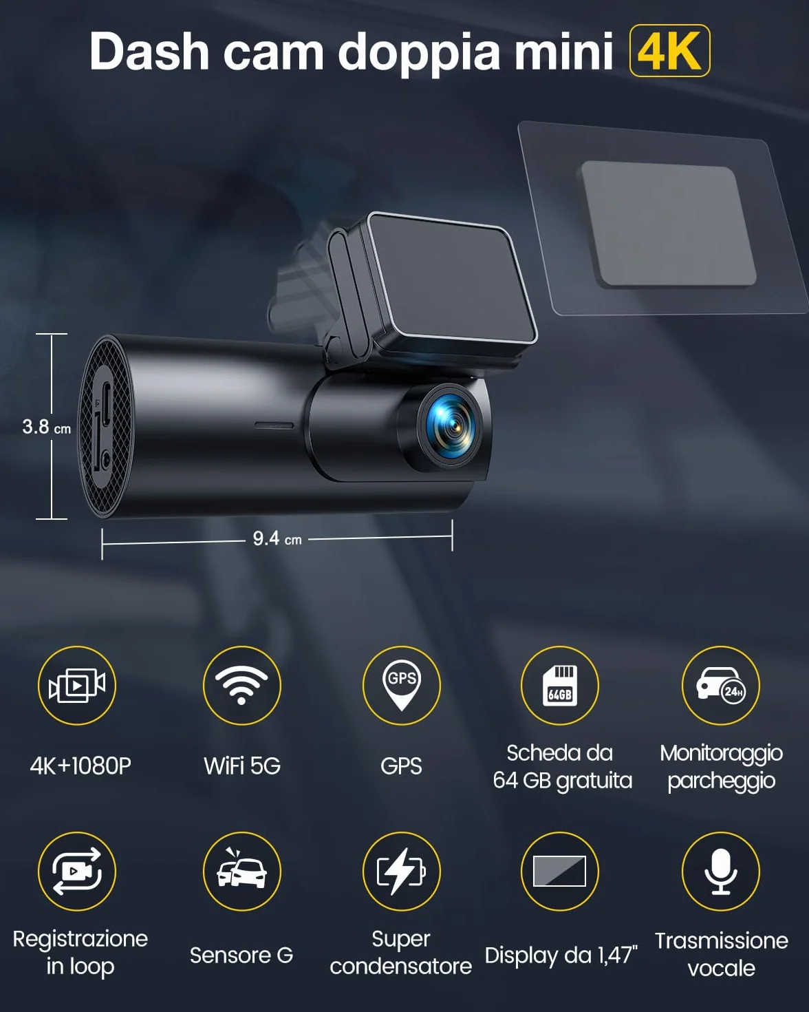 GKU 4K Dash Cam Auto, 5GHz WiFi GPS, Doppia Telecamera, Mini Dashcam IPS 1.5" con Scheda SD 64G, 24H Monitor Parcheggio, Visione Notturna, WDR, Grandangolo 170°, Sensore G, Controllo App