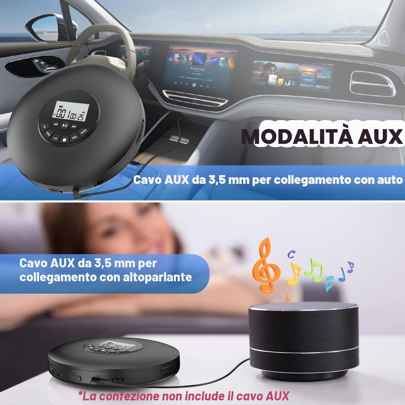 Arafuna Lettore CD portatile Compact Discman Personal Music Player Anti-Skip Protection Tracce programmabili Auricolari inclusi