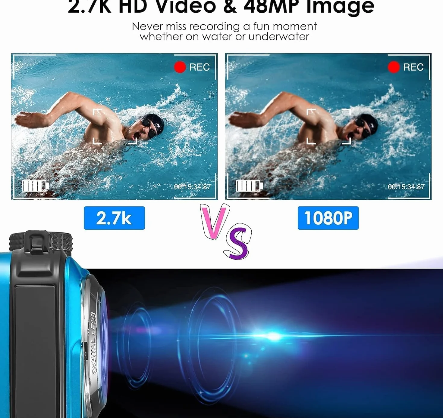 Fotocamera impermeabile digitale Full HD 2,7 K 24 MP Macchina Fotografica Subcquea 16X Zoom digitale fotocamera impermeabile con doppio schermo, per adolescenti studenti principianti