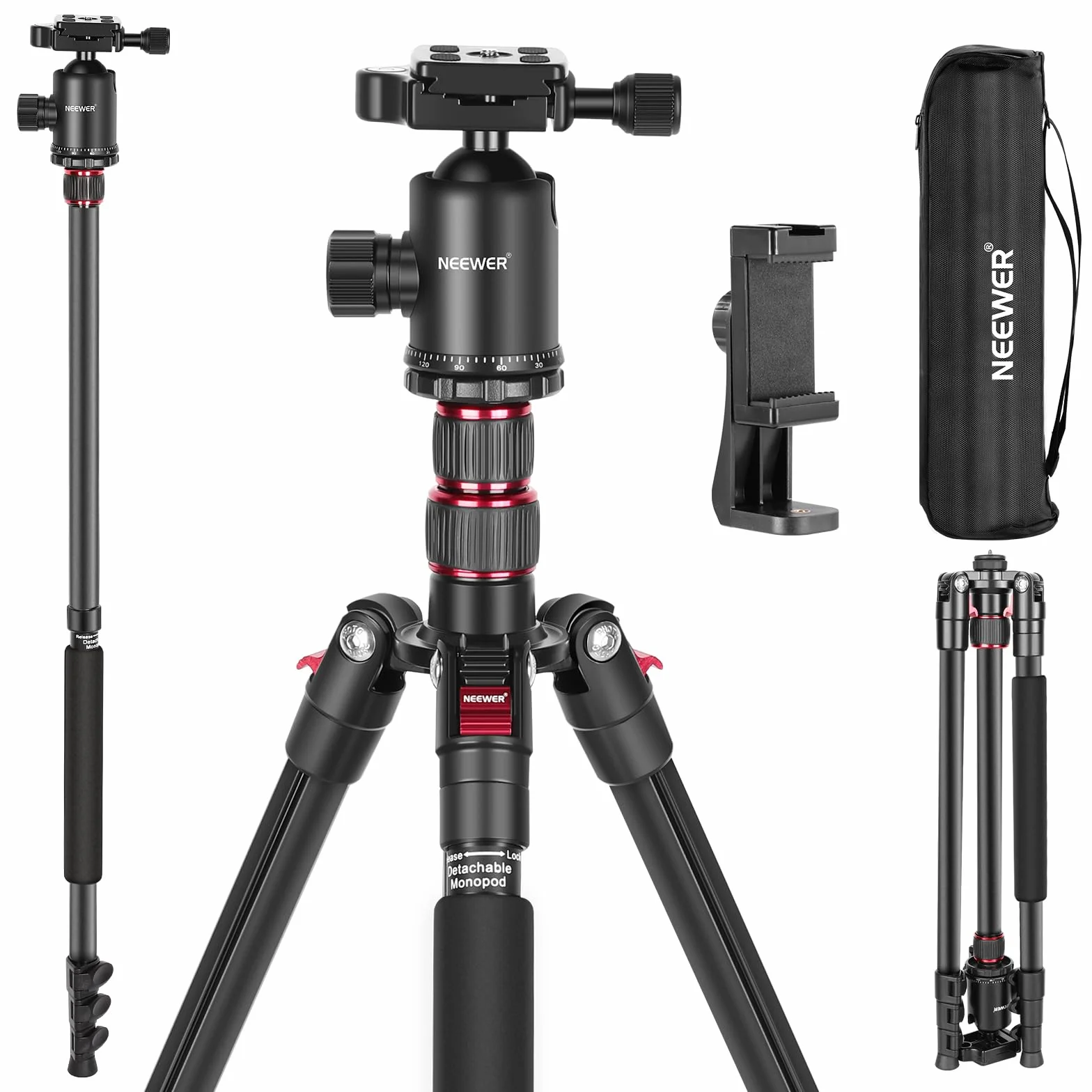 NEEWER 77'' Treppiede Fotocamera, Treppiede Monopiede Pieghevole Alluminio DSLR, Telefono con Testa a Sfera Panoramica 360°, Colonna Centrale a 2 Assi, Piastra Arca QR e Borsa, Carico Max 34lb, TP77