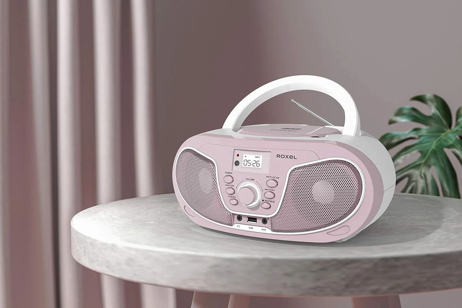 Roxel RCD-S70BT Boombox portatile lettore CD con telecomando, radio FM, riproduzione MP3 USB, ingresso AUX da 3,5 mm, jack per cuffie, display a LED, streaming musicale wireless (rosa)