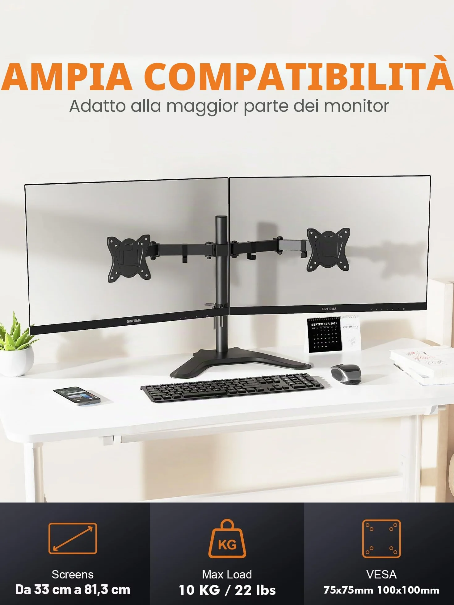 GRIFEMA Braccio Monitor Doppio per Schermi 13-32'', Supporto Doppio Monitor Altezza Regolabile, Base Allargata, Inclinazione, Girevole, Rotazione, Gestione dei Cavi, Fino a 10 kg, VESA 75/100mm