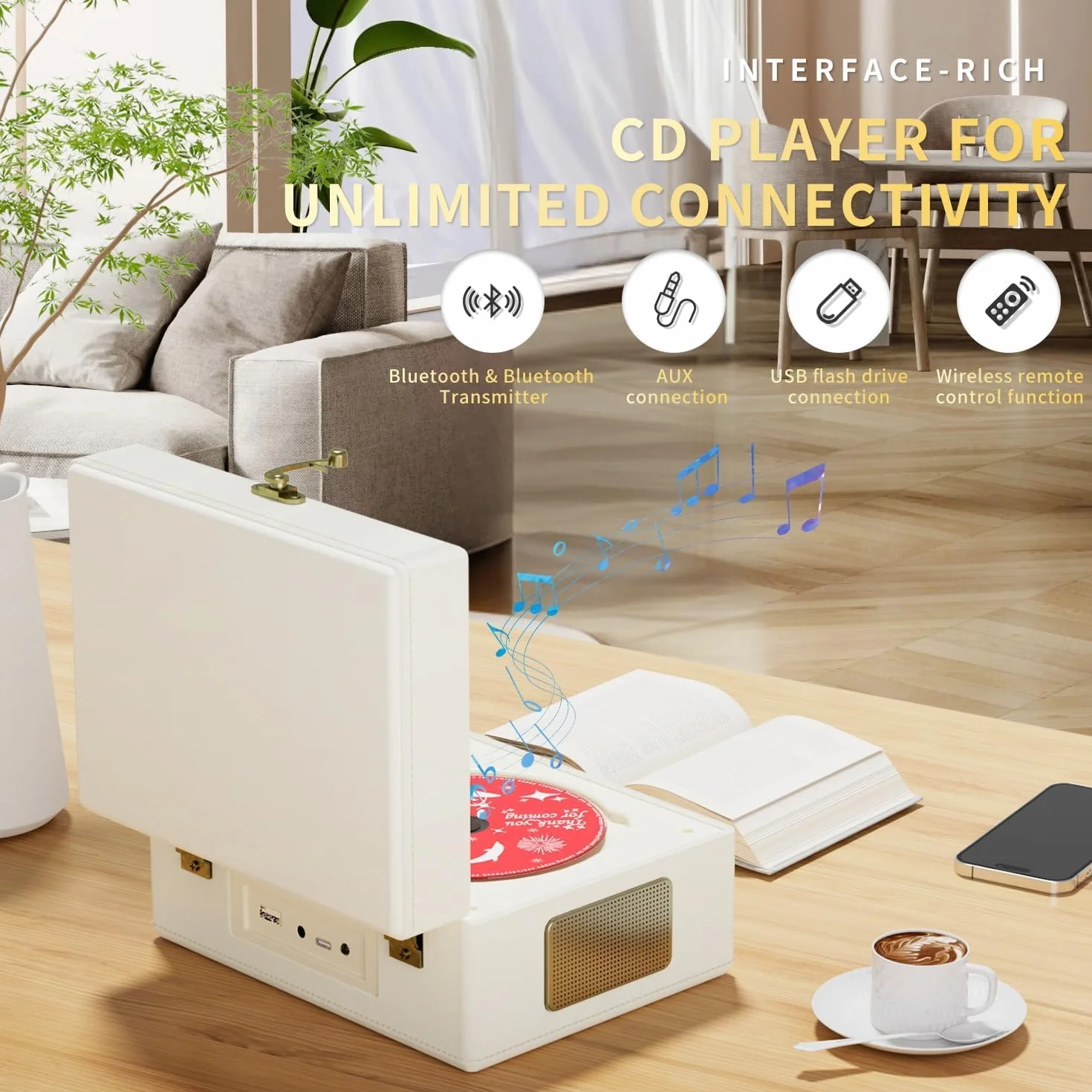 Yintiny Rechargeable Leather CD Player with Speakers; Bluetooth Transmitter; Festival Gift; BGM Player for Home Décor (White)