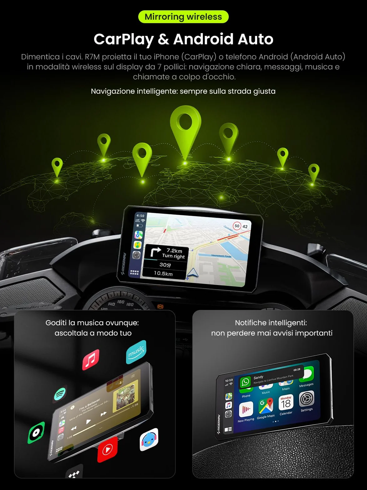 R7M 7" Wireless CarPlay e Android Auto per Motociclette BMW - Controllo Nativo Wonder Wheel Action Camera | Lettura Dati in Tempo Reale (TPMS/RPM) | Aggiornamenti OTA | GPS IP69K | Nav Prep