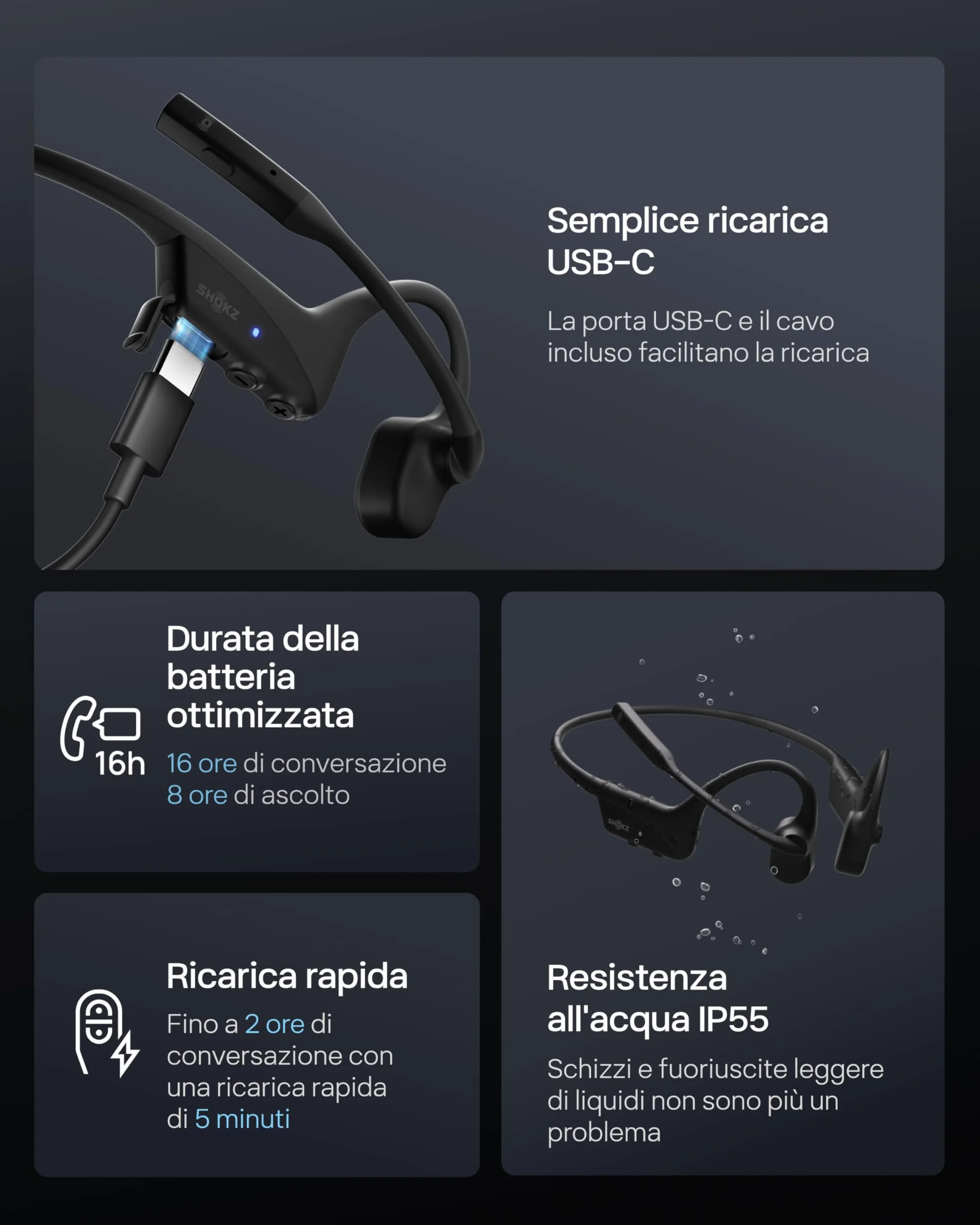 SHOKZ Auricolari OpenComm2 UC 2025 Upgrade a conduzione ossea con adattatore USB-C, auricolari Bluetooth open-ear per l'attenuazione del rumore, wireless, 16 ore di conversazione, Segnalibri, Nero