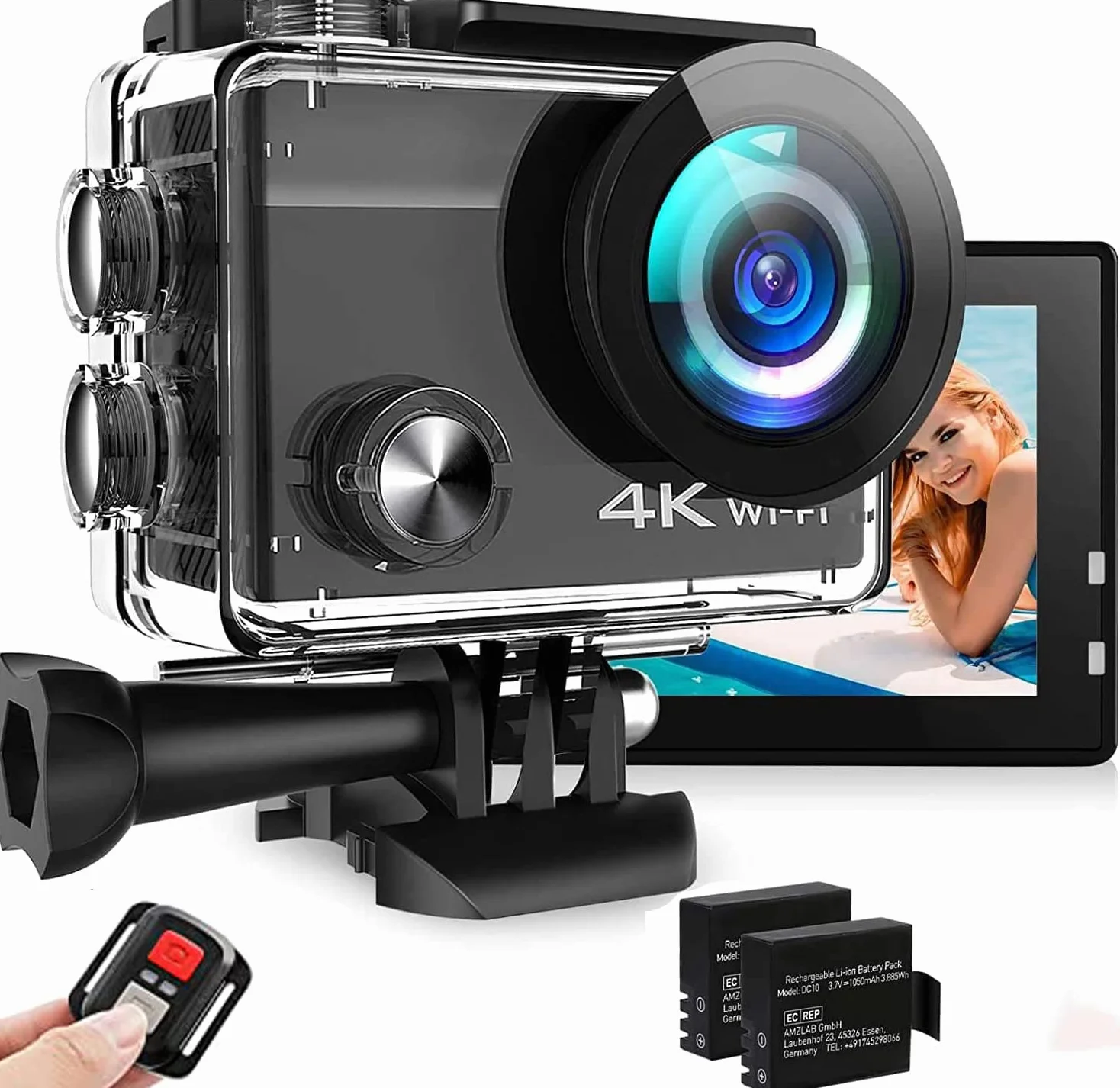 Action Cam 4K, videocamera subacquea da 20MP 50FPS Wi-Fi 40M con schermo touch screen IPS da 2", grandangolo Ultra HD 170°, telecomando, 2 batterie ricaricabili