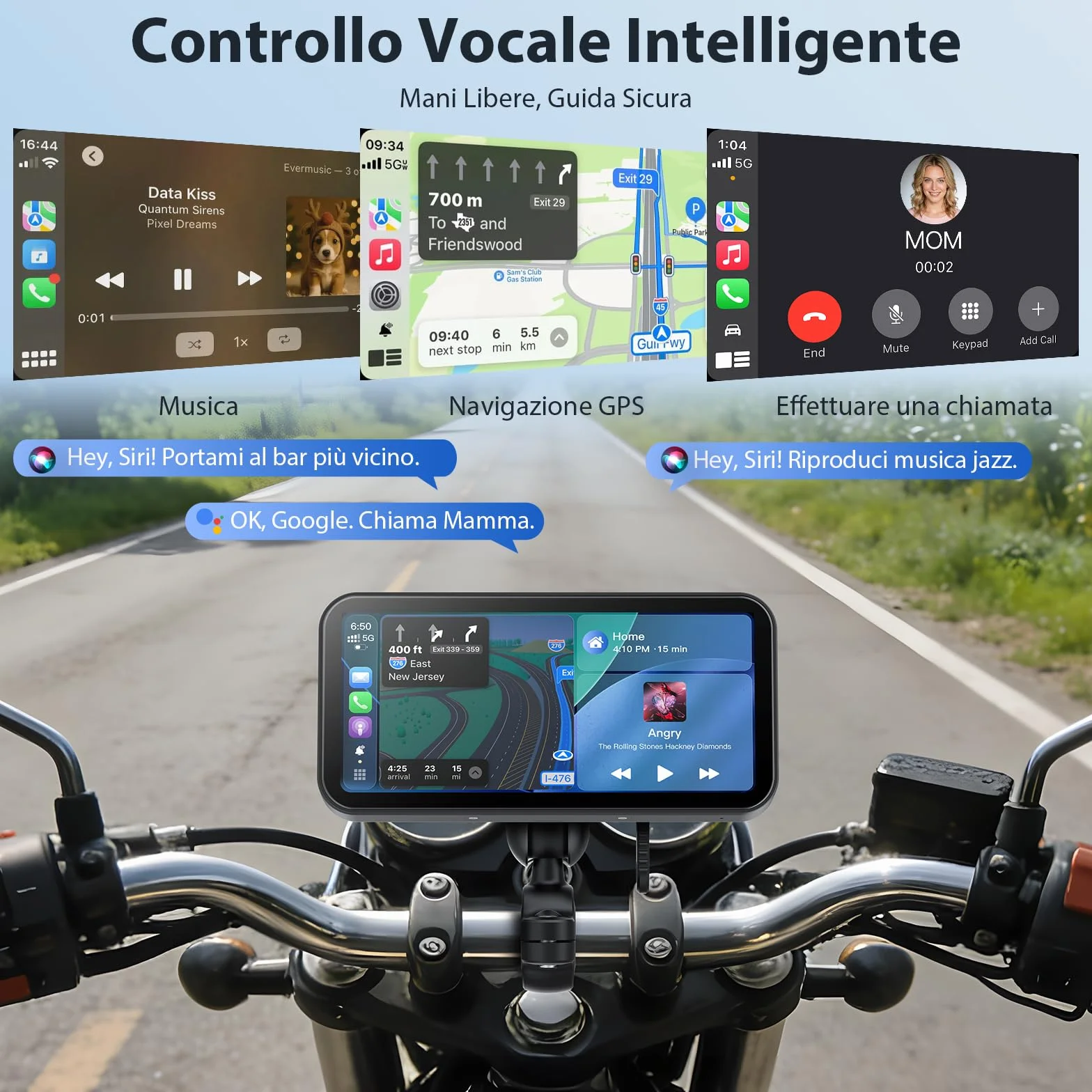 A622 CarPlay Moto Schermo 6,25 Pollici, CarPlay e Android Auto Wireless, Sistema di Monitoraggio Pressione Pneumatici (TPMS), Impermeabilità IP67, Doppio Bluetooth, GPS, Alimentazione USB/ACC