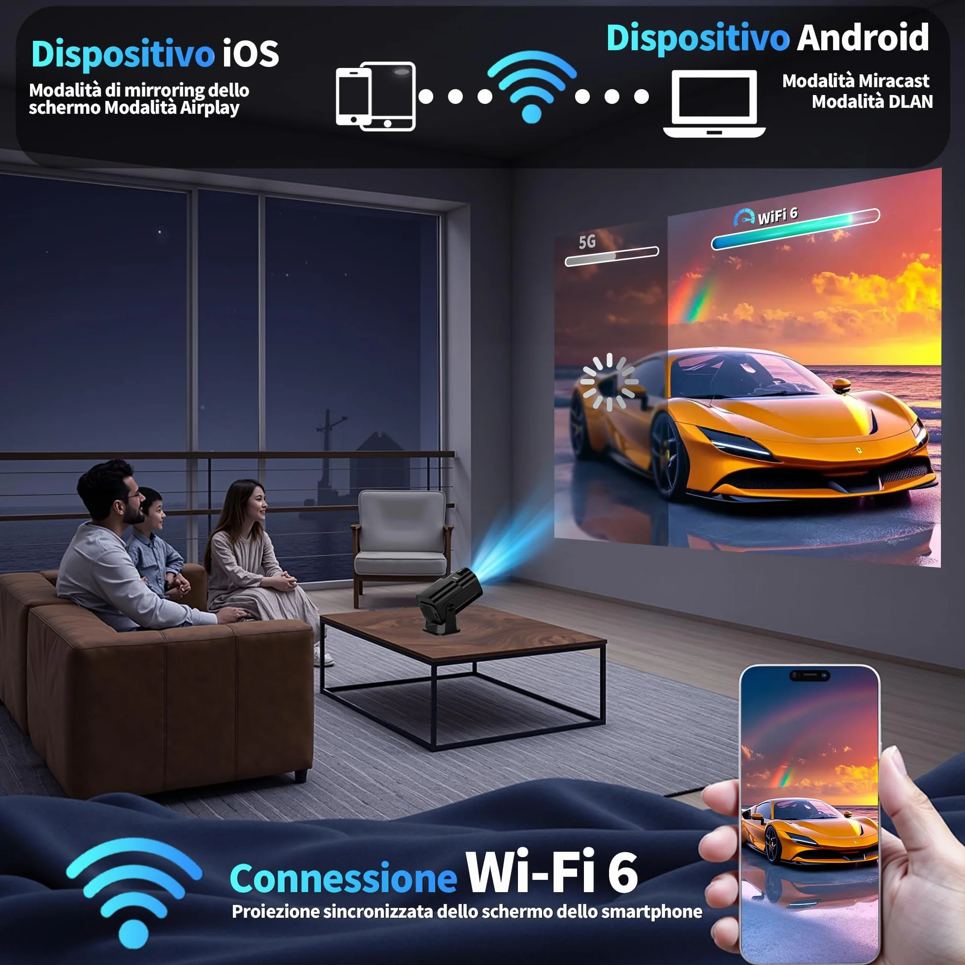 Proiettore 1080P 4K WiFi 6 Bluetooth 5.2 Mini Portatile con Rotativo 270° Auto Keystone Nero