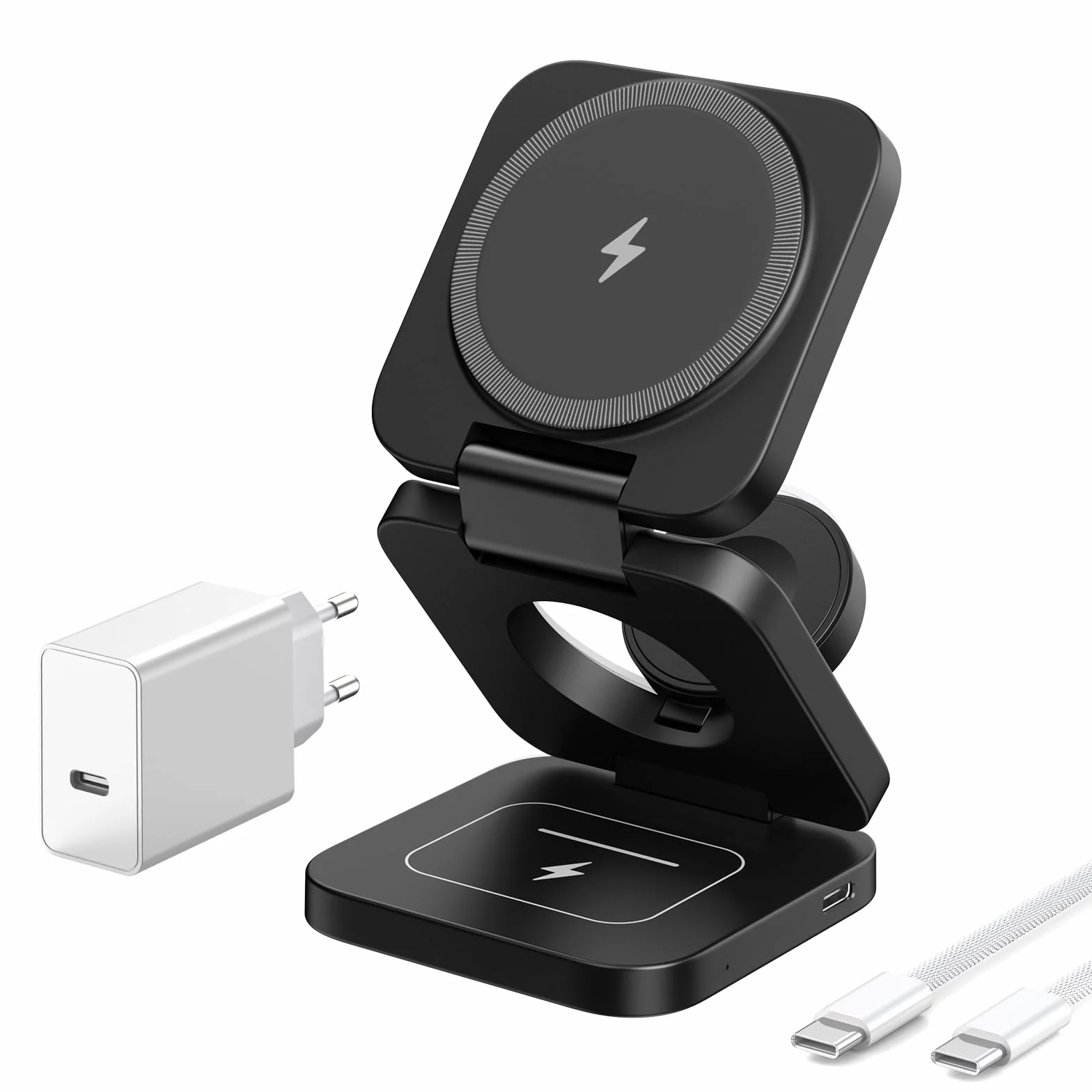 KU XIU Stazione Ricarica per Apple, 3 in 1 caricatore wireless per iphone, supporto magnetico pieghevole per iPhone 17/16/15/14/13/12, caricabatterie rapido da 5 W per Apple Watch, per Airpods